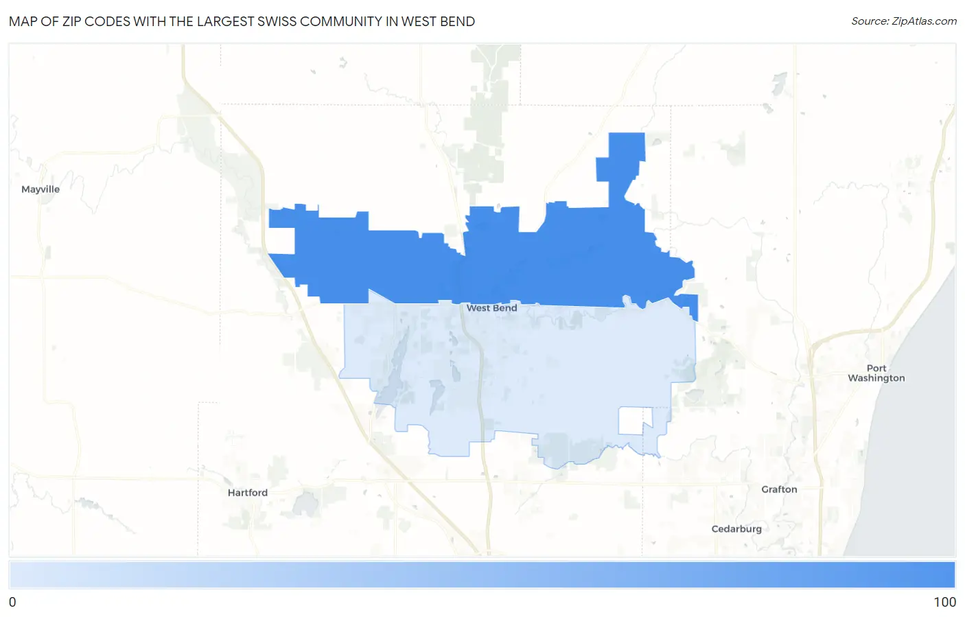 Zip Codes with the Largest Swiss Community in West Bend Map