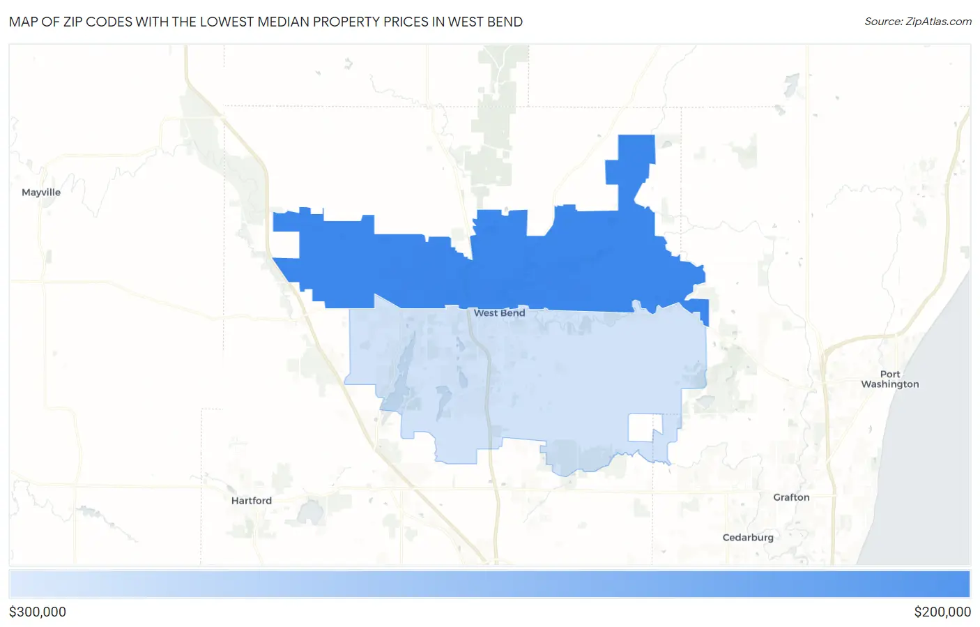 Zip Codes with the Lowest Median Property Prices in West Bend Map