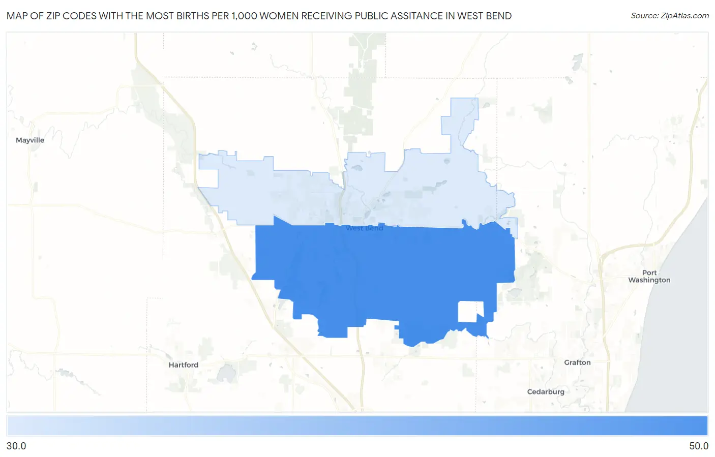 Zip Codes with the Most Births per 1,000 Women Receiving Public Assitance in West Bend Map