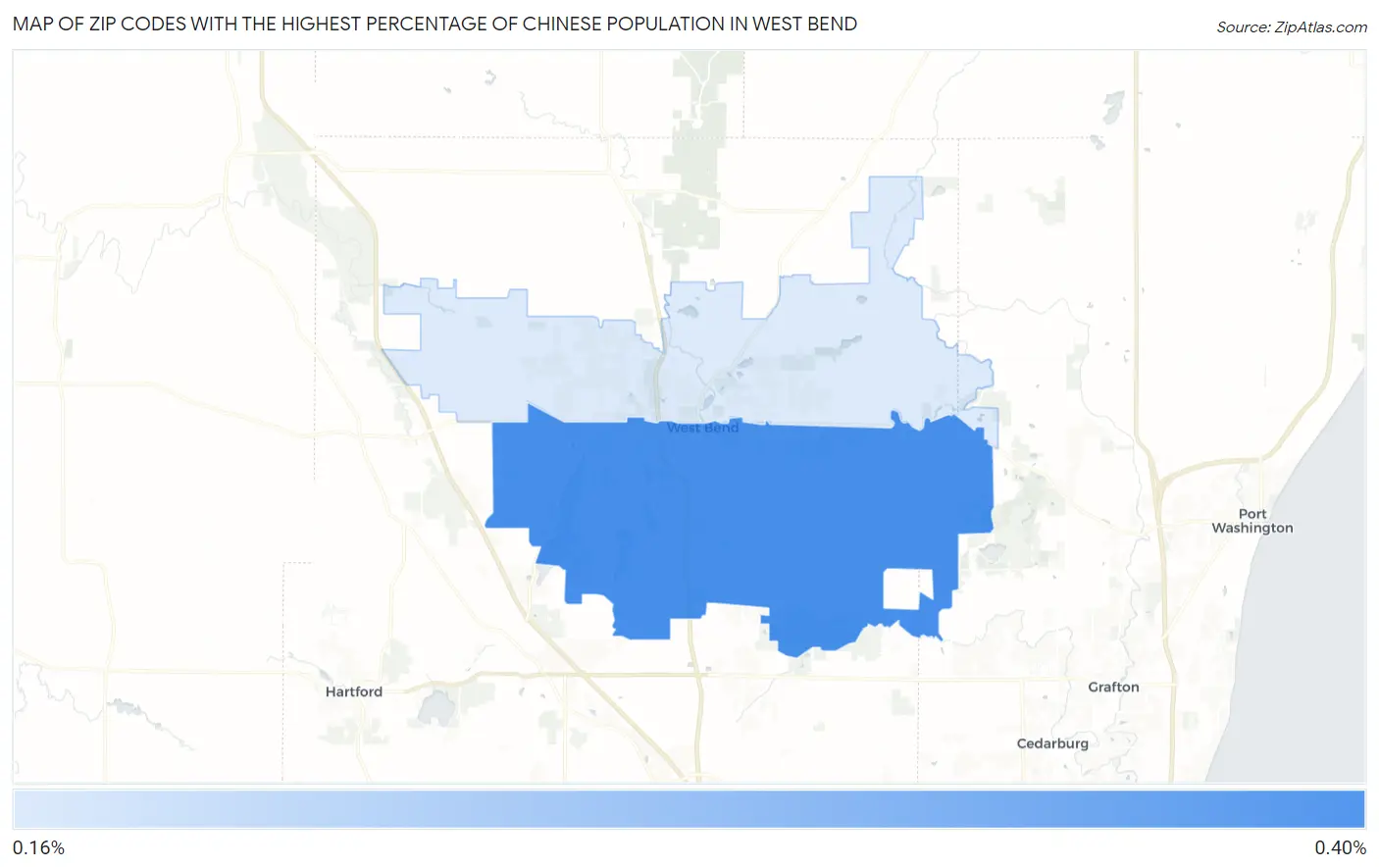 Zip Codes with the Highest Percentage of Chinese Population in West Bend Map