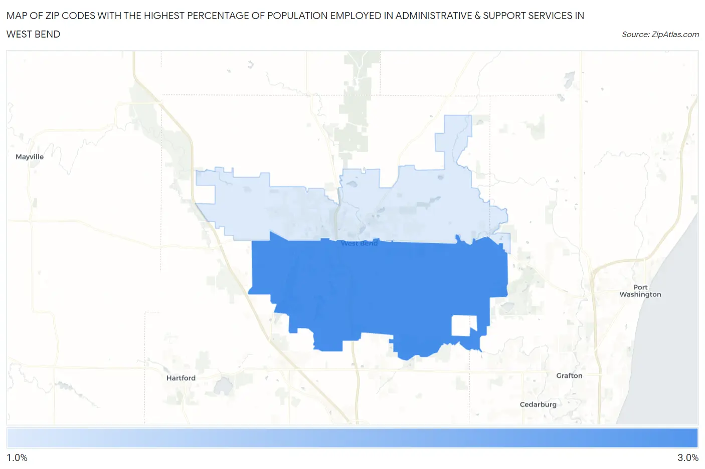 Zip Codes with the Highest Percentage of Population Employed in Administrative & Support Services in West Bend Map