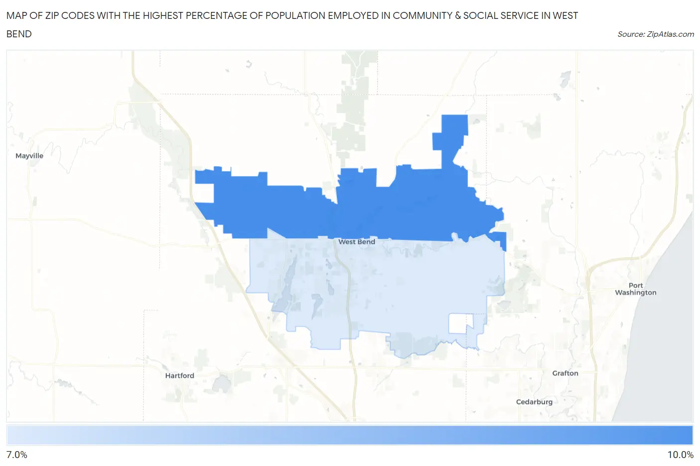 Zip Codes with the Highest Percentage of Population Employed in Community & Social Service  in West Bend Map