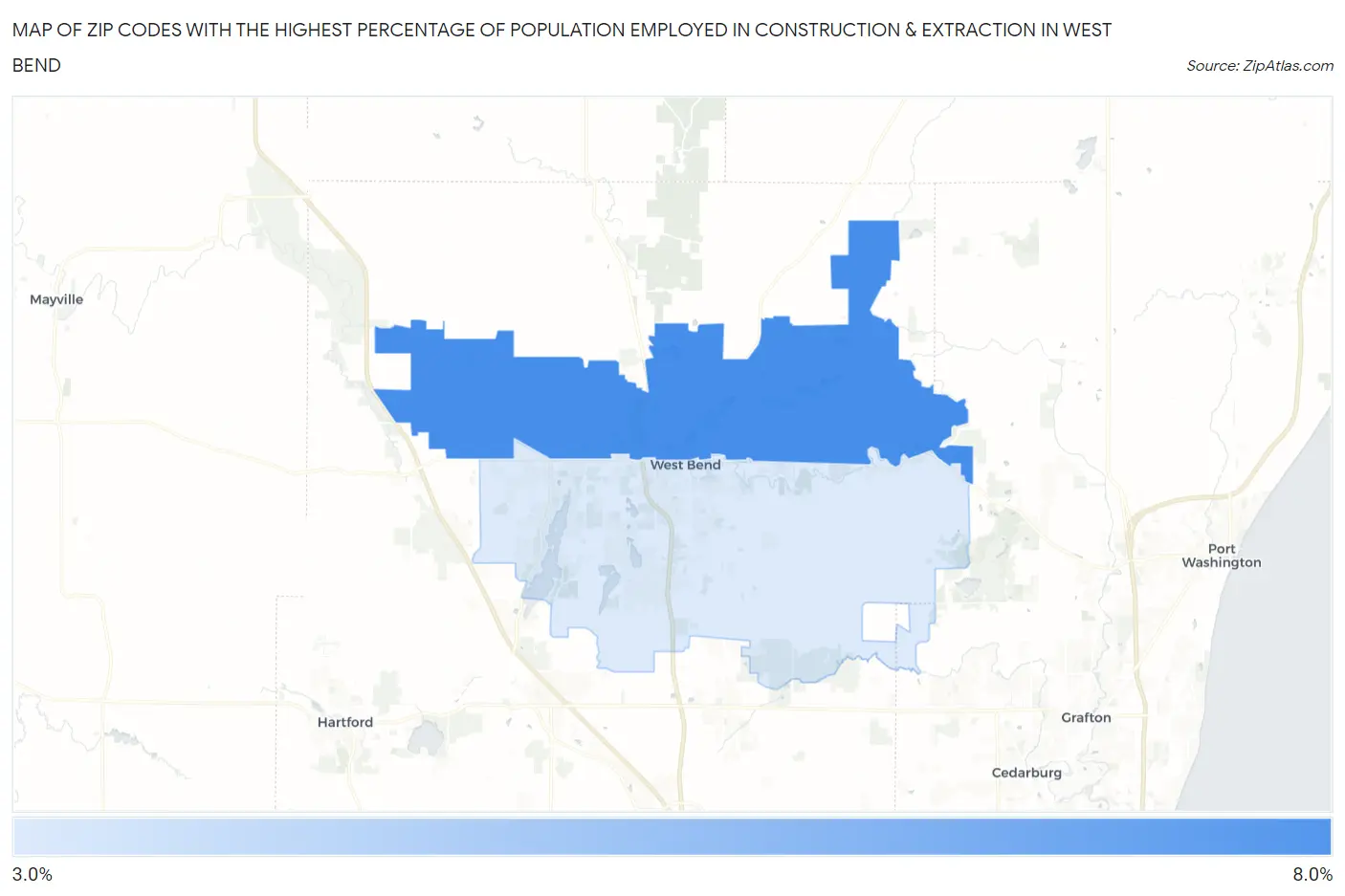 Zip Codes with the Highest Percentage of Population Employed in Construction & Extraction in West Bend Map