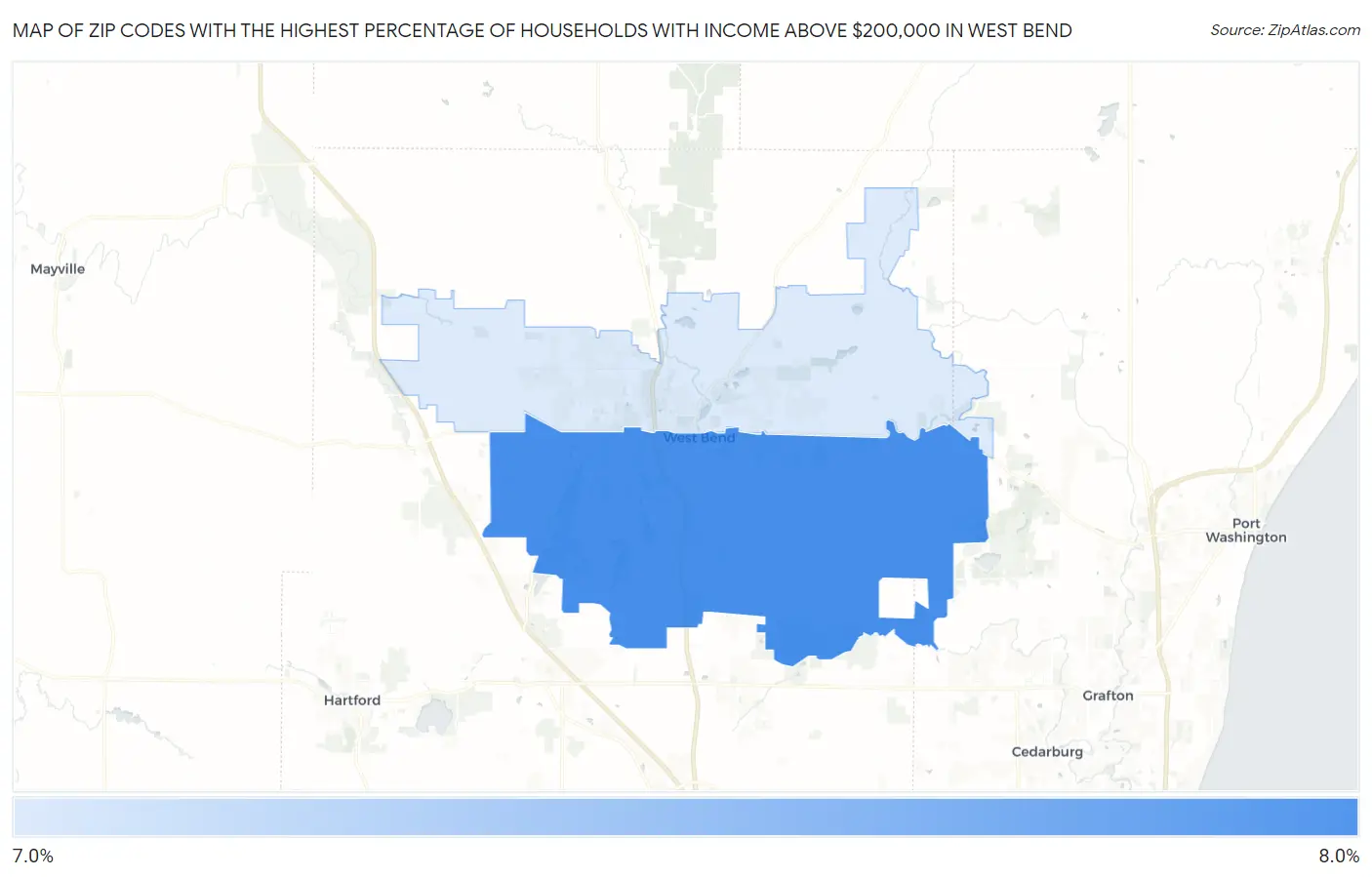 Zip Codes with the Highest Percentage of Households with Income Above $200,000 in West Bend Map