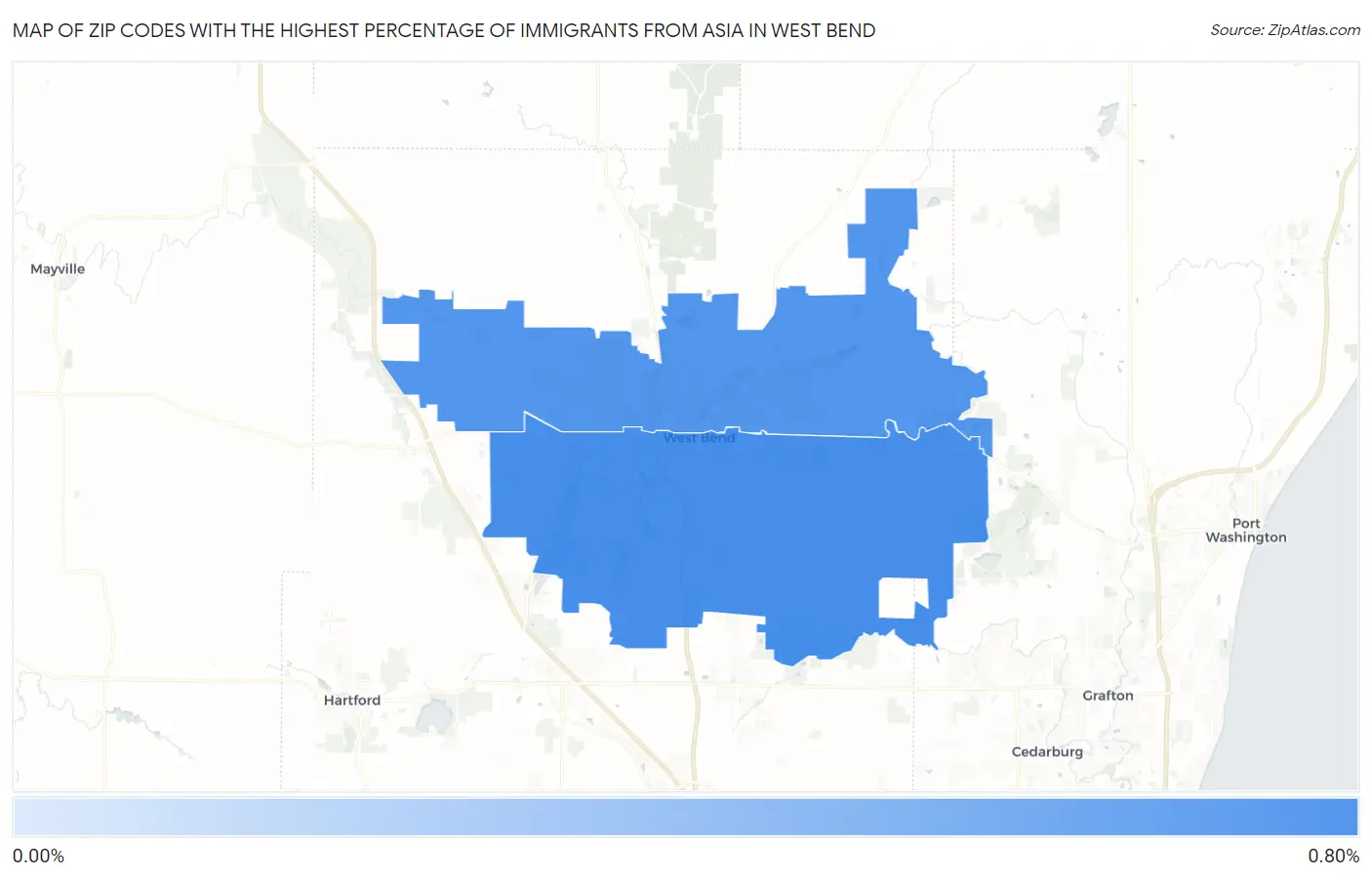Zip Codes with the Highest Percentage of Immigrants from Asia in West Bend Map