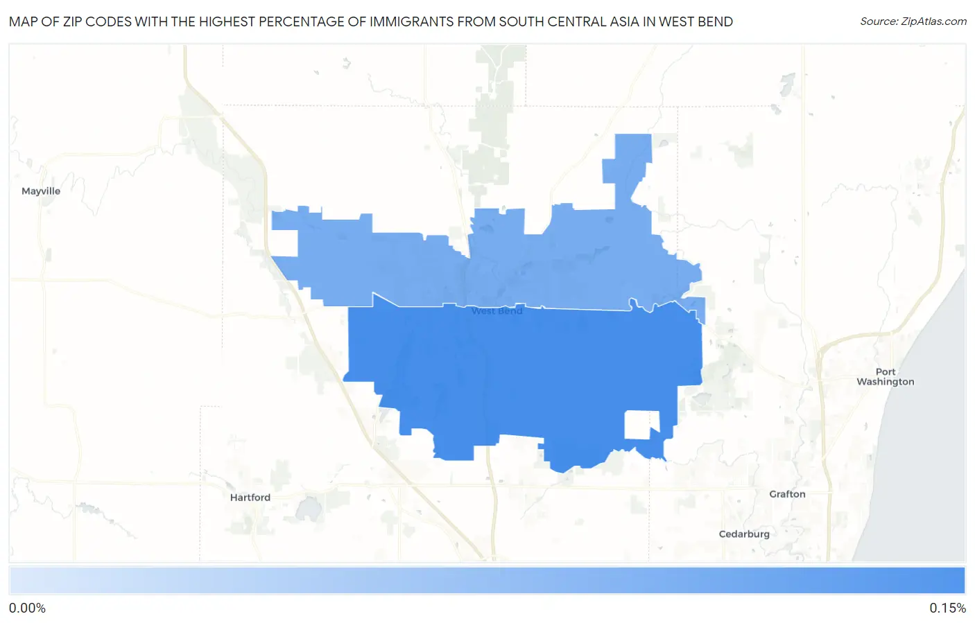 Zip Codes with the Highest Percentage of Immigrants from South Central Asia in West Bend Map