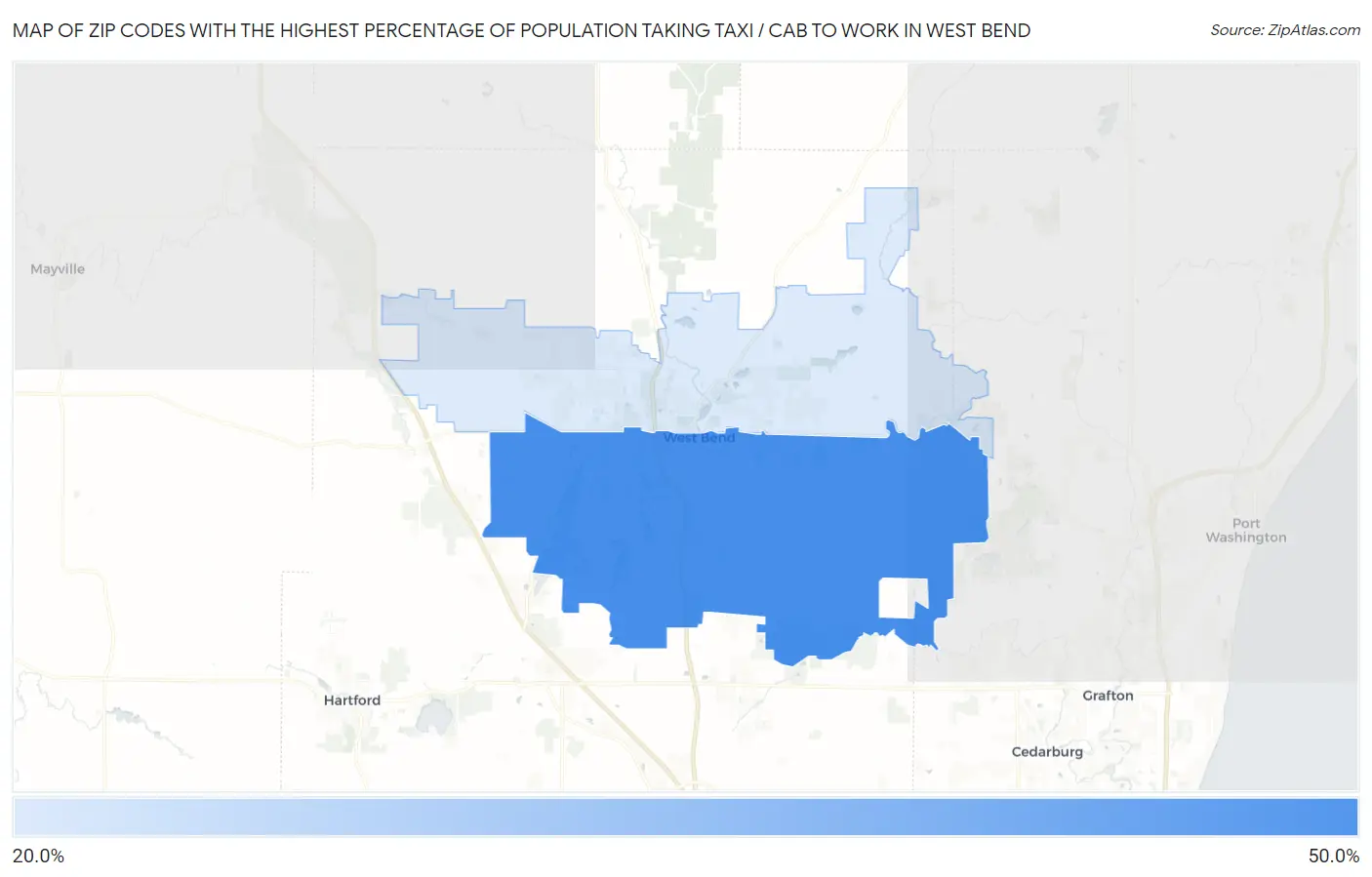 Zip Codes with the Highest Percentage of Population Taking Taxi / Cab to Work in West Bend Map