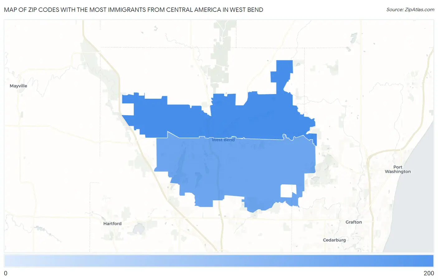 Zip Codes with the Most Immigrants from Central America in West Bend Map