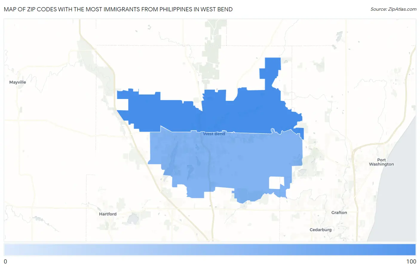 Zip Codes with the Most Immigrants from Philippines in West Bend Map