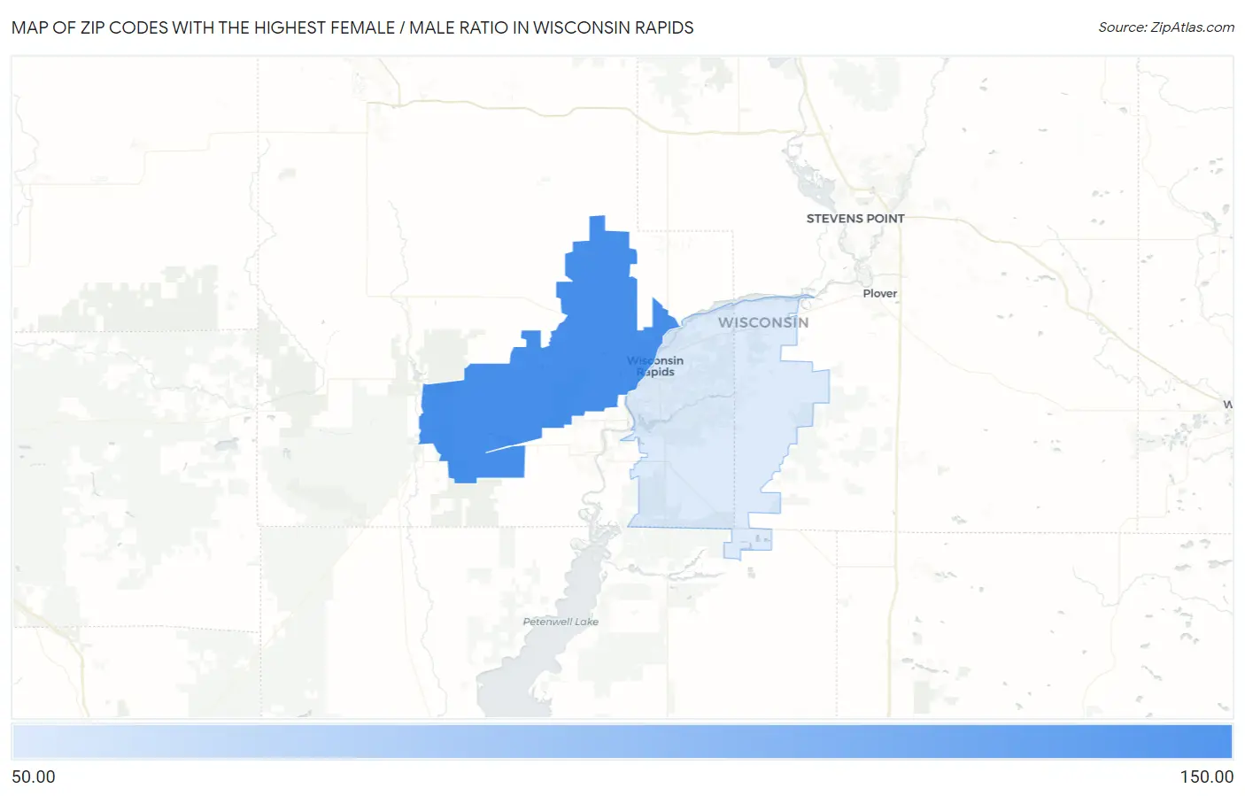 Zip Codes with the Highest Female / Male Ratio in Wisconsin Rapids Map