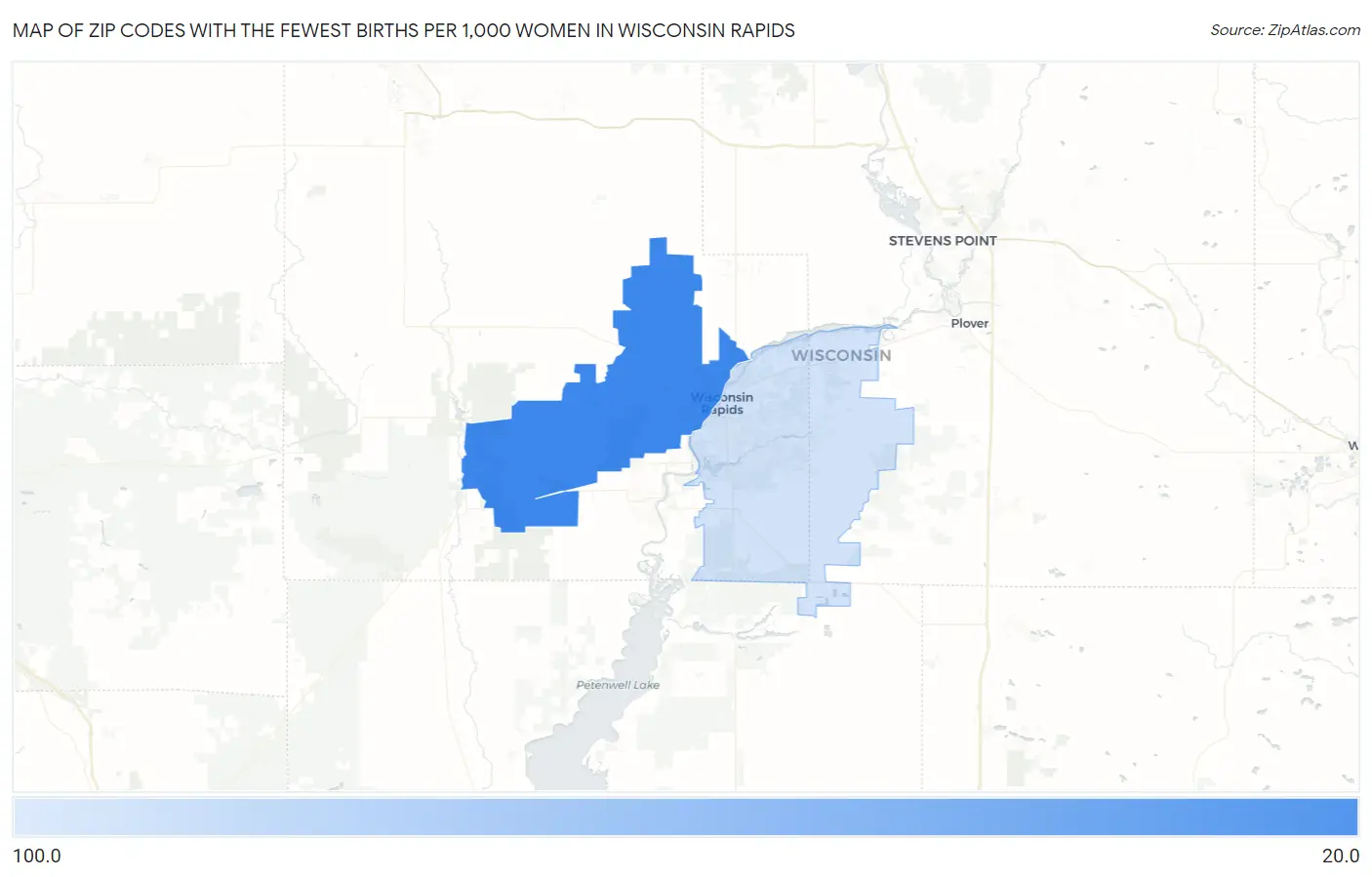 Zip Codes with the Fewest Births per 1,000 Women in Wisconsin Rapids Map