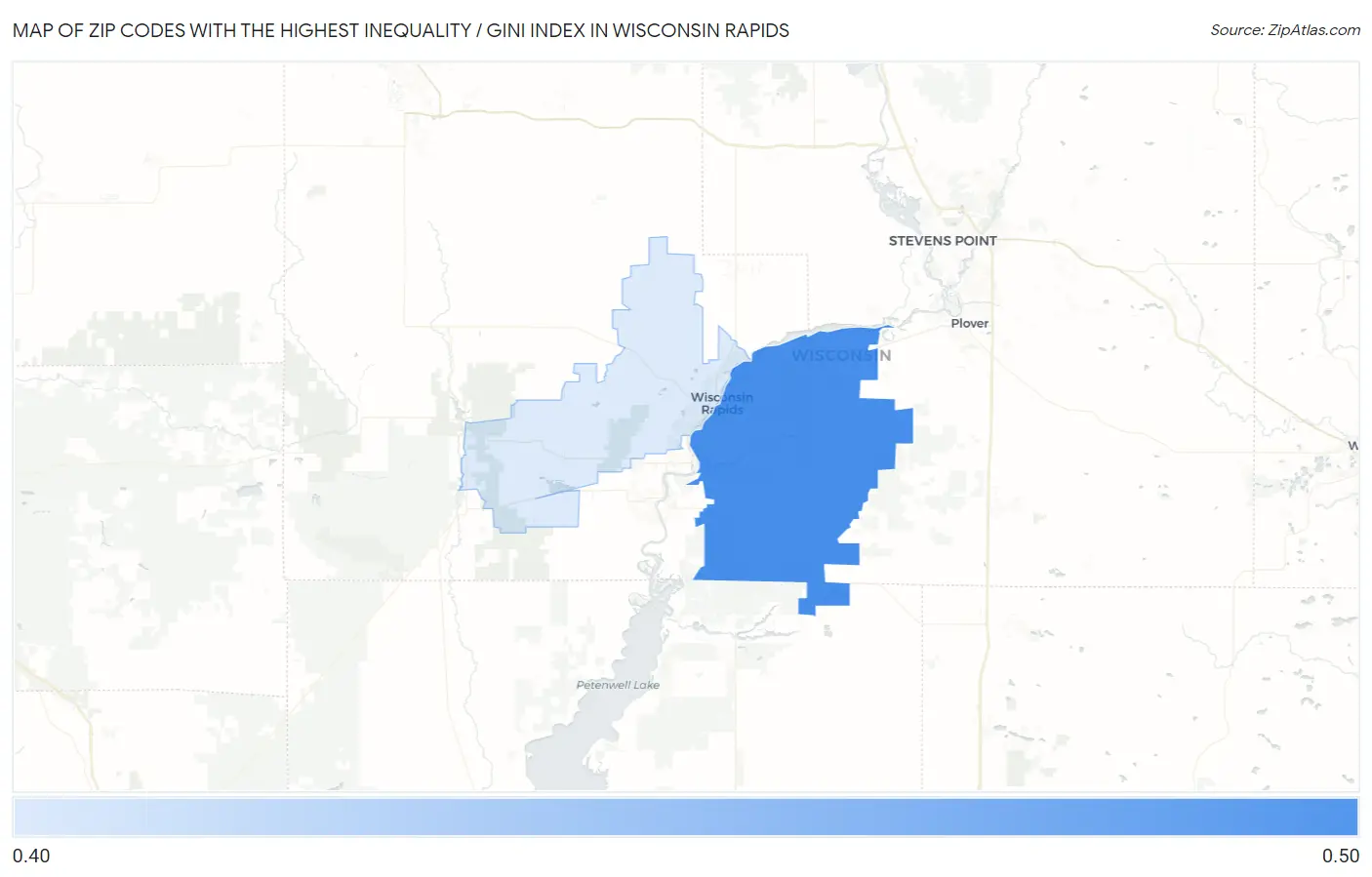 Zip Codes with the Highest Inequality / Gini Index in Wisconsin Rapids Map