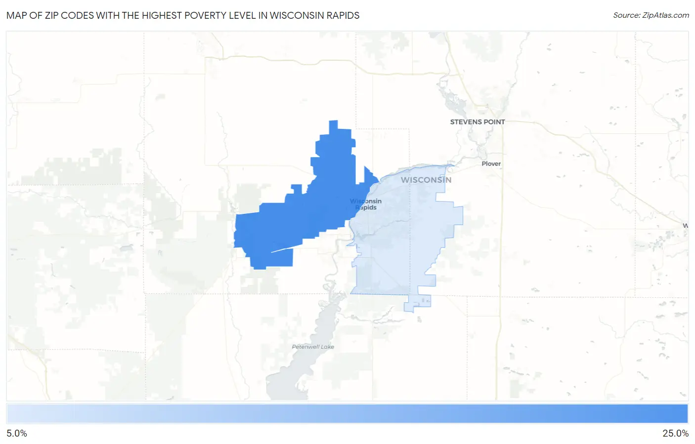 Zip Codes with the Highest Poverty Level in Wisconsin Rapids Map