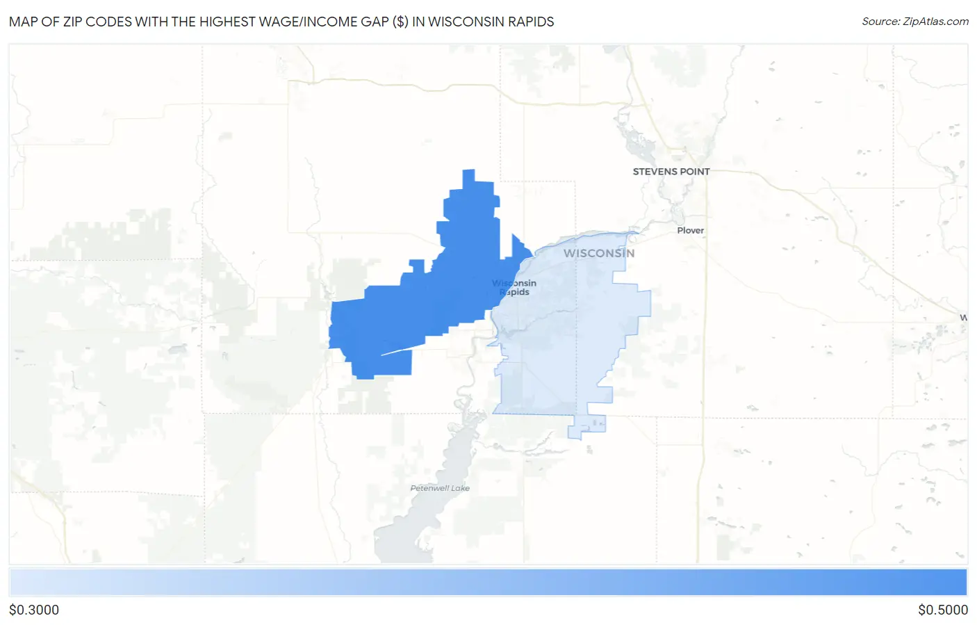 Zip Codes with the Highest Wage/Income Gap ($) in Wisconsin Rapids Map