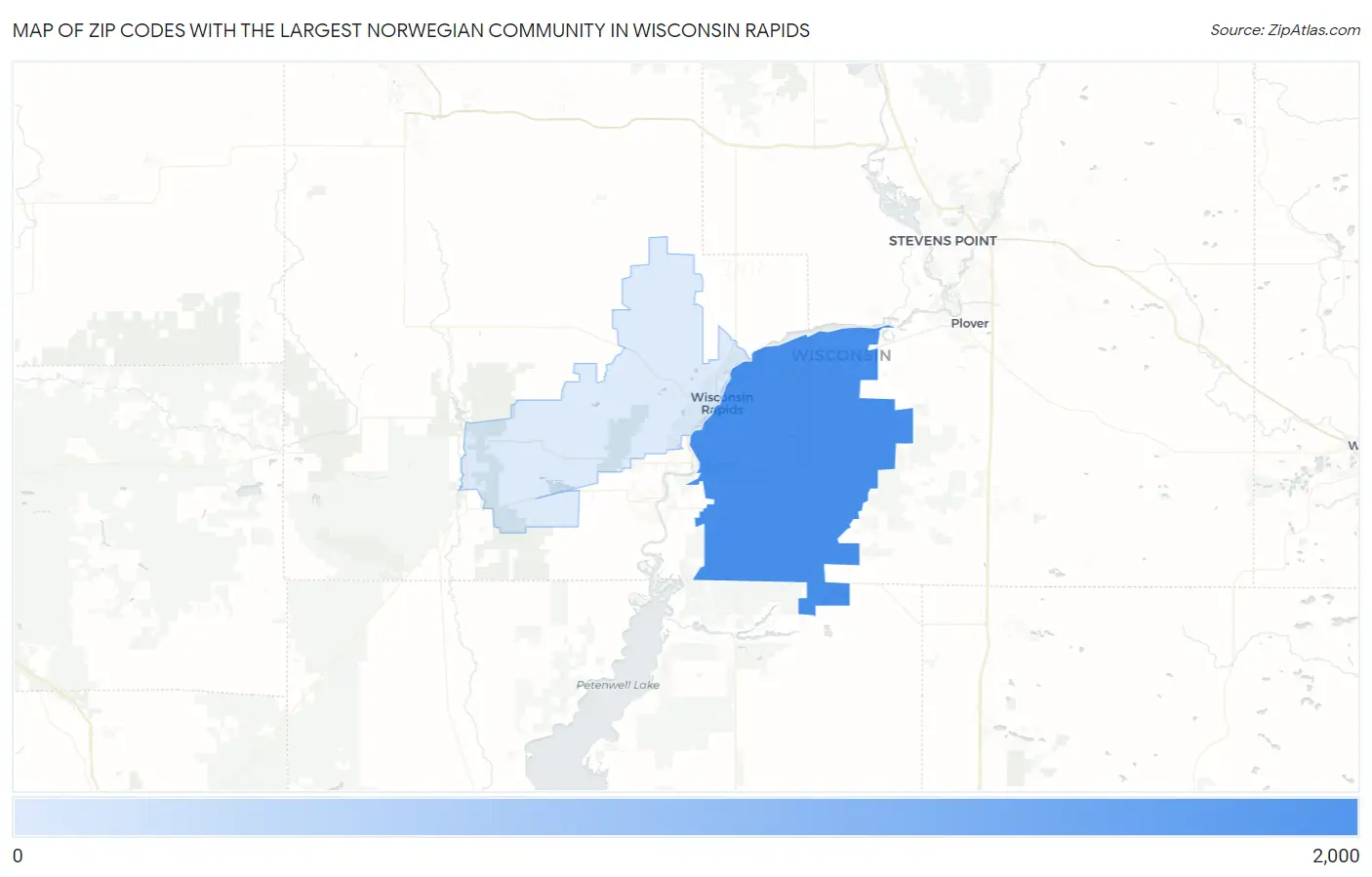 Zip Codes with the Largest Norwegian Community in Wisconsin Rapids Map