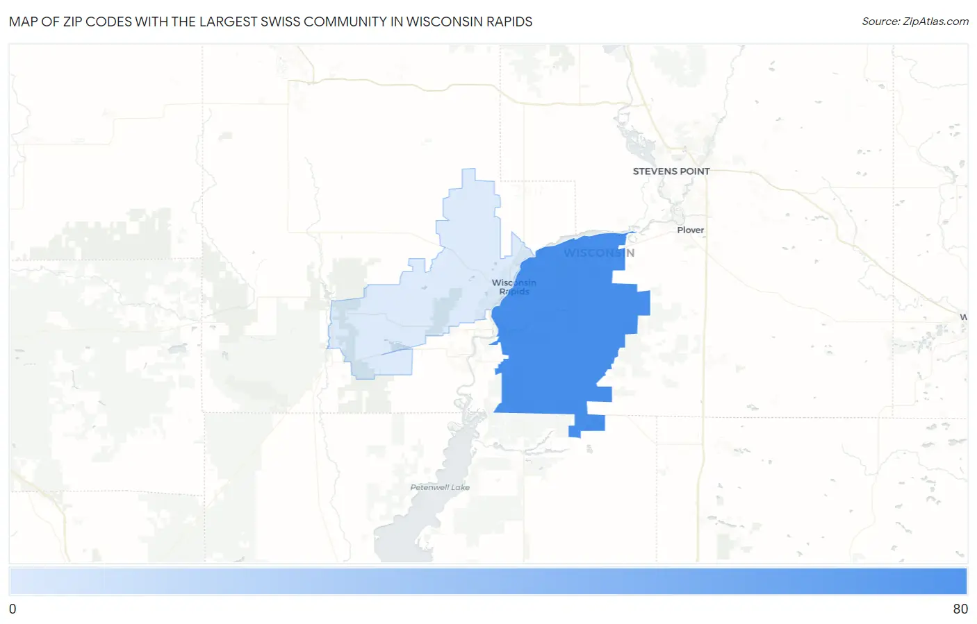 Zip Codes with the Largest Swiss Community in Wisconsin Rapids Map