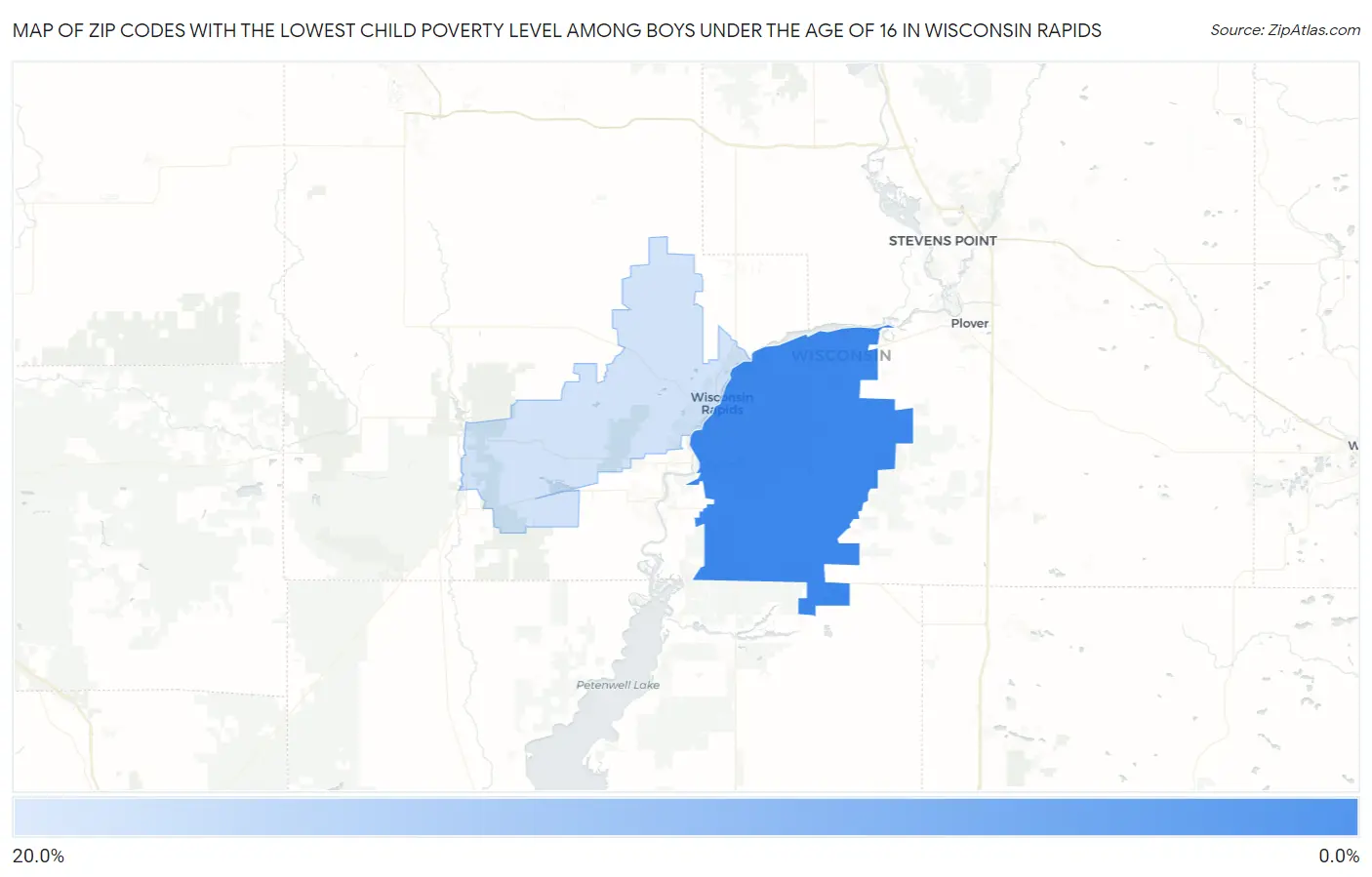 Zip Codes with the Lowest Child Poverty Level Among Boys Under the Age of 16 in Wisconsin Rapids Map