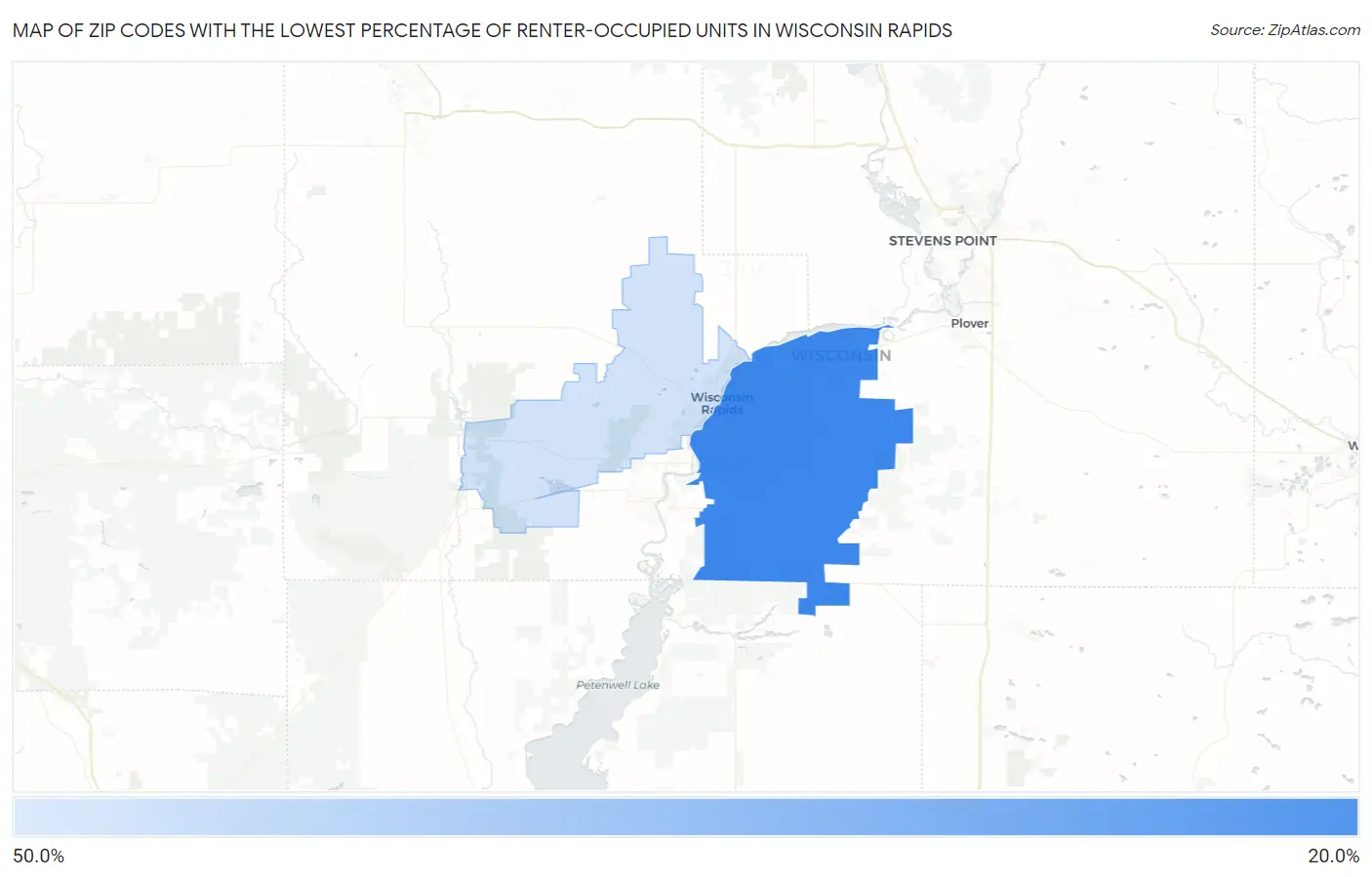 Zip Codes with the Lowest Percentage of Renter-Occupied Units in Wisconsin Rapids Map