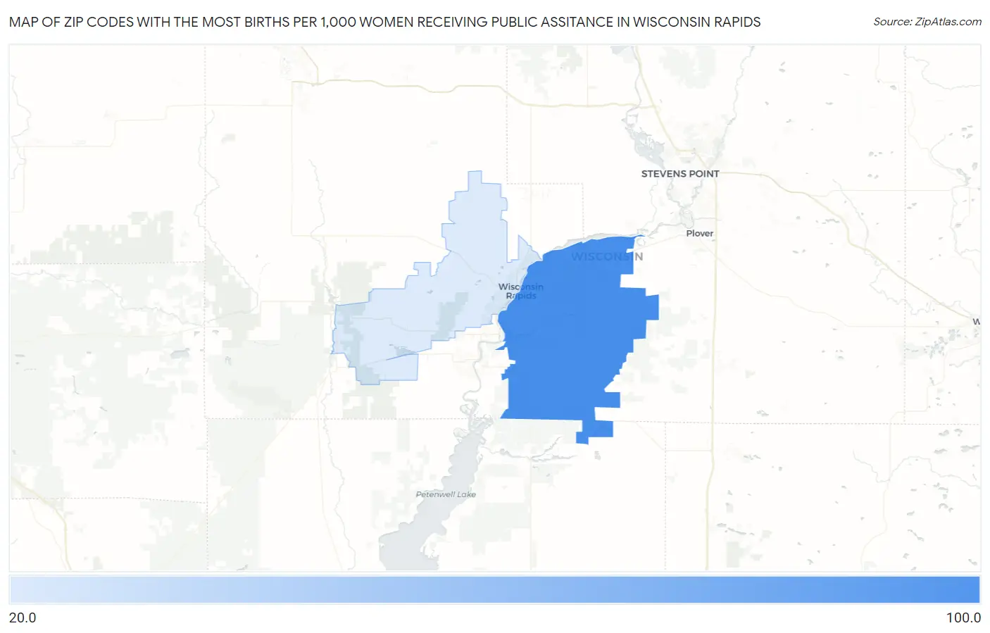 Zip Codes with the Most Births per 1,000 Women Receiving Public Assitance in Wisconsin Rapids Map