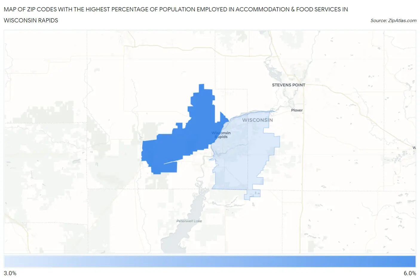 Zip Codes with the Highest Percentage of Population Employed in Accommodation & Food Services in Wisconsin Rapids Map