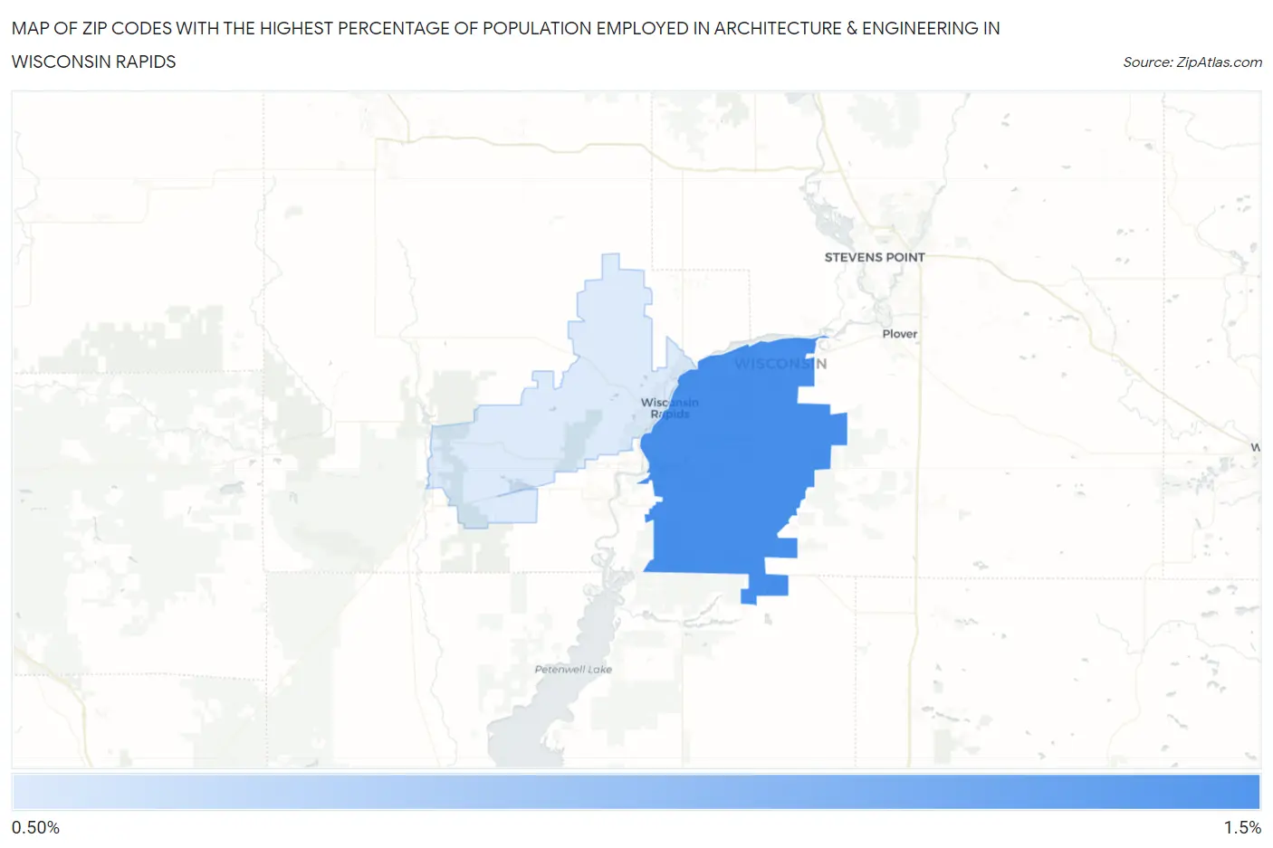 Zip Codes with the Highest Percentage of Population Employed in Architecture & Engineering in Wisconsin Rapids Map