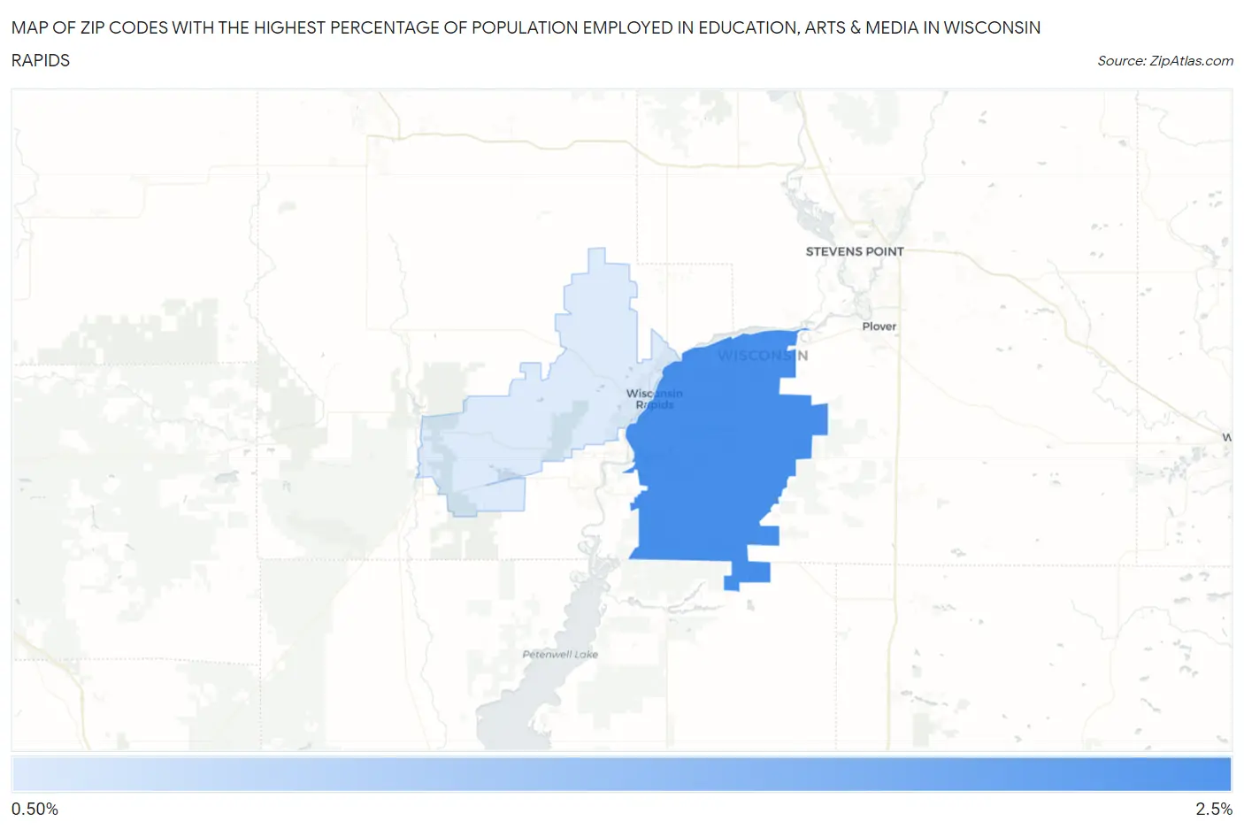 Zip Codes with the Highest Percentage of Population Employed in Education, Arts & Media in Wisconsin Rapids Map