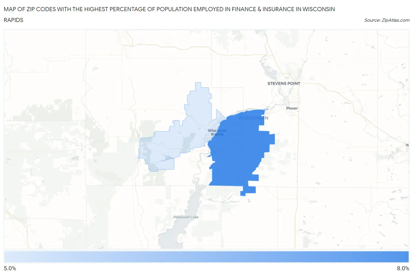 Zip Codes with the Highest Percentage of Population Employed in Finance & Insurance in Wisconsin Rapids Map