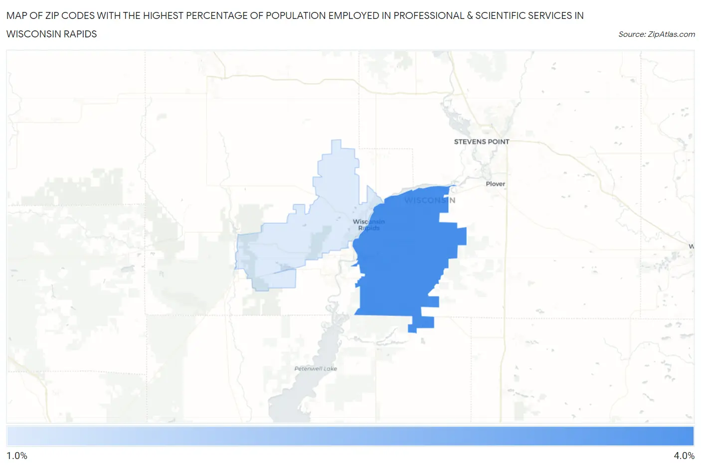 Zip Codes with the Highest Percentage of Population Employed in Professional & Scientific Services in Wisconsin Rapids Map