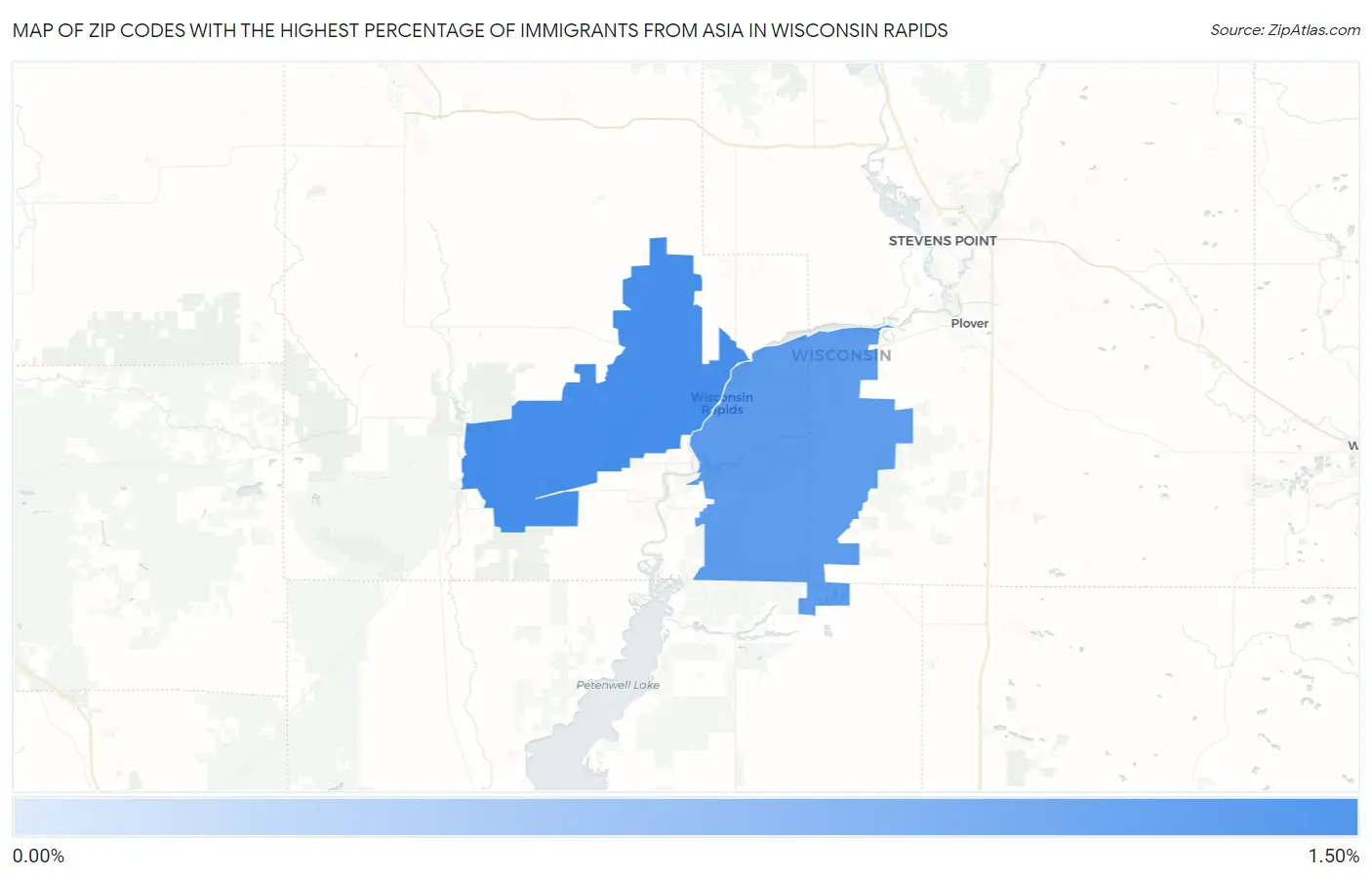 Zip Codes with the Highest Percentage of Immigrants from Asia in Wisconsin Rapids Map