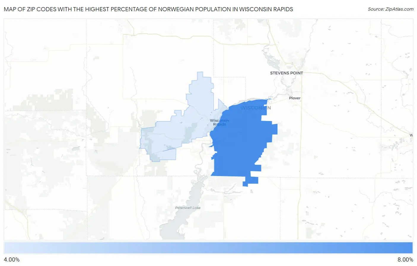 Zip Codes with the Highest Percentage of Norwegian Population in Wisconsin Rapids Map