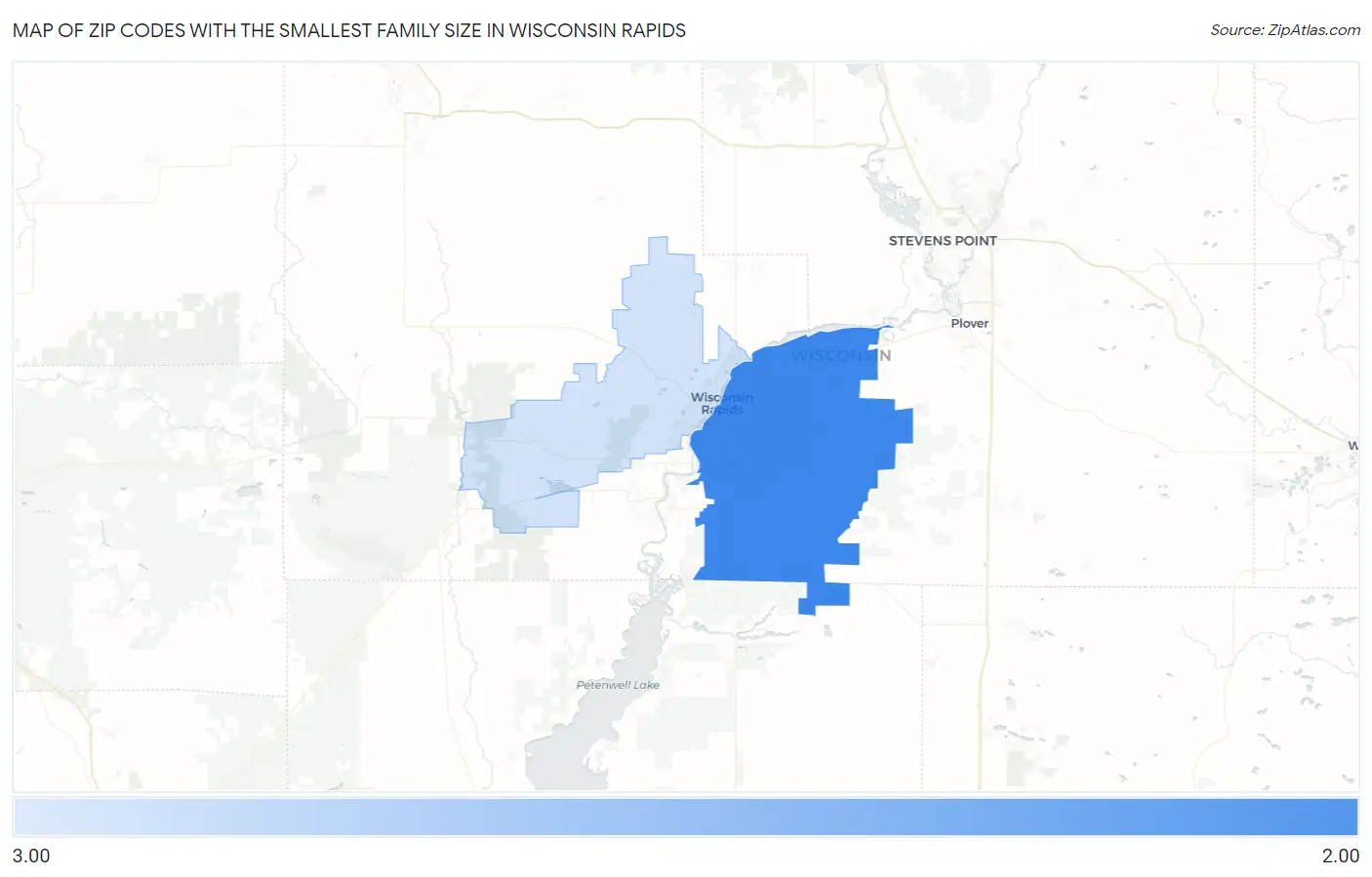 Zip Codes with the Smallest Family Size in Wisconsin Rapids Map