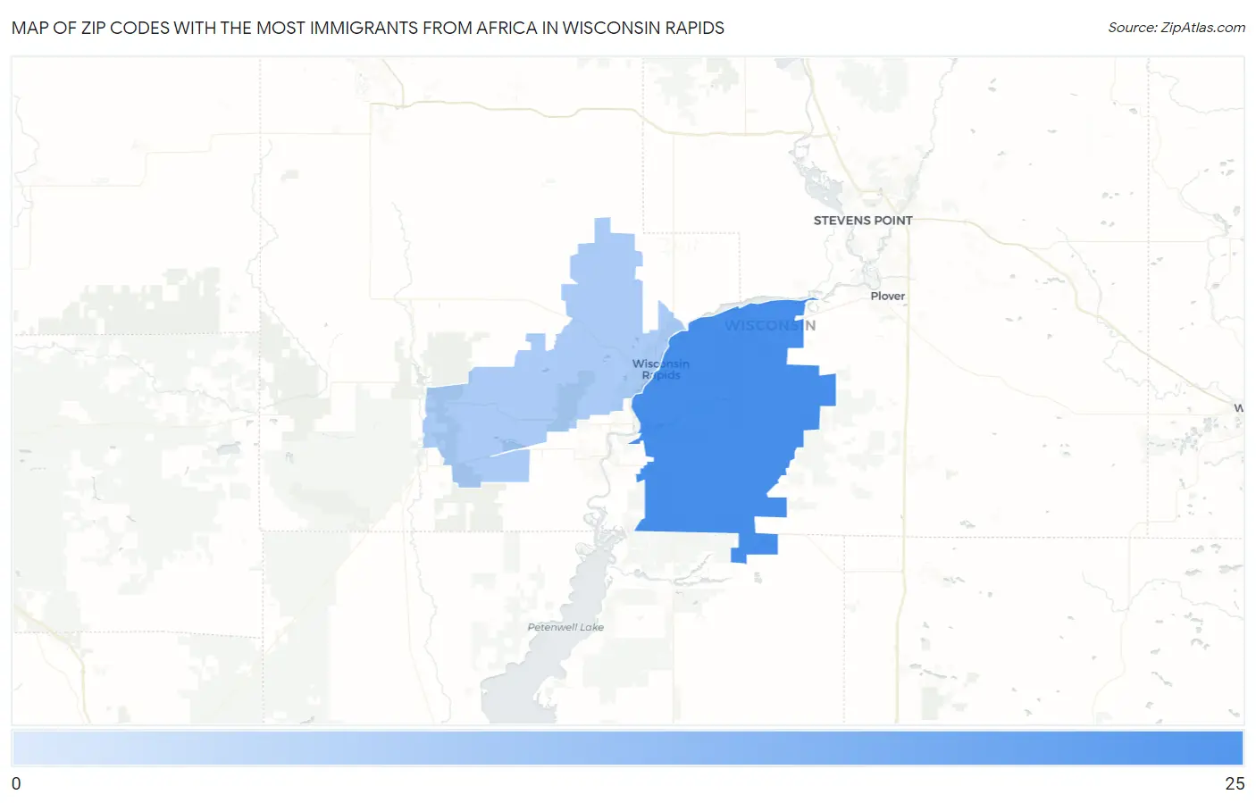 Zip Codes with the Most Immigrants from Africa in Wisconsin Rapids Map