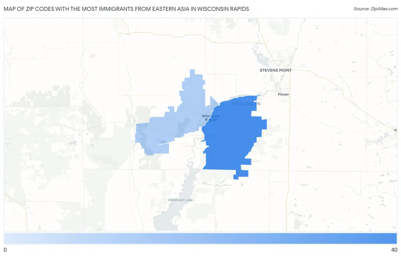 Zip Codes with the Most Immigrants from Eastern Asia in Wisconsin Rapids Map