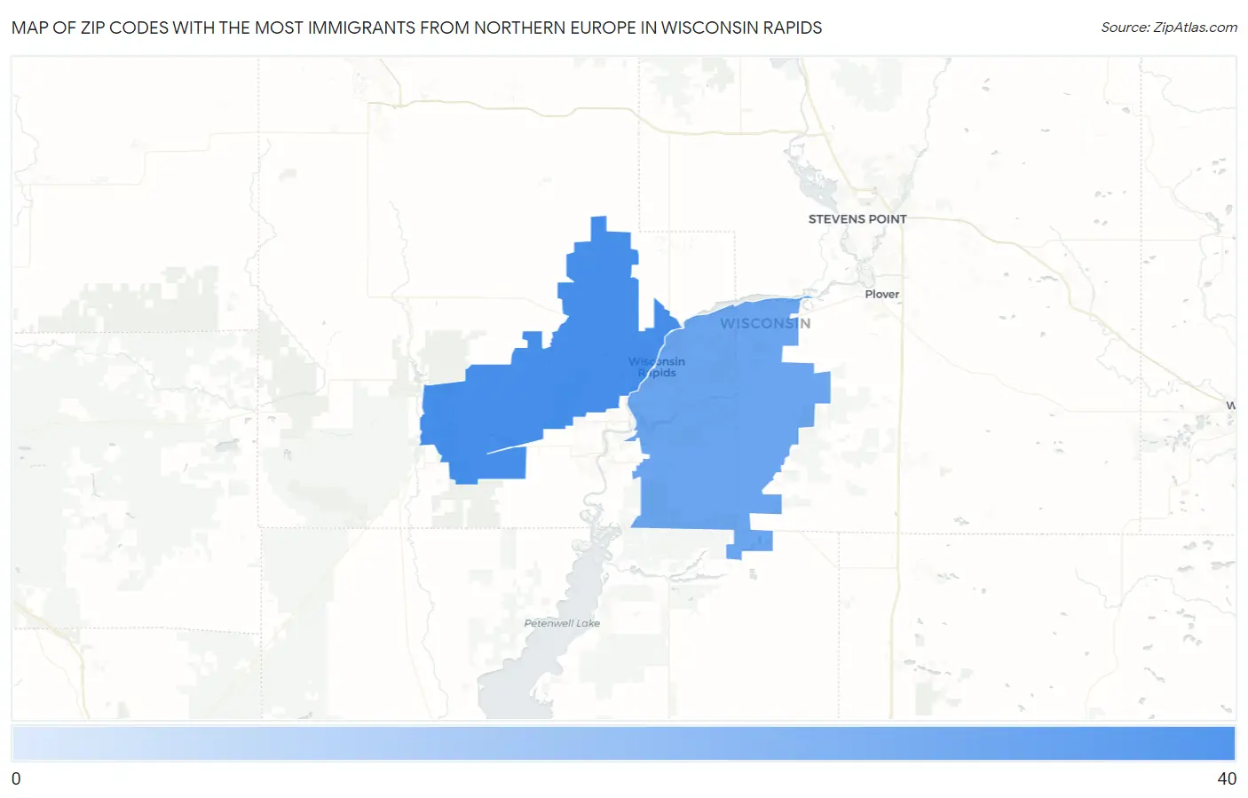 Zip Codes with the Most Immigrants from Northern Europe in Wisconsin Rapids Map