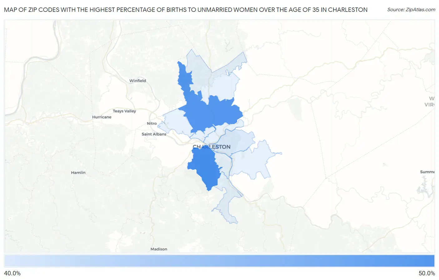 Zip Codes with the Highest Percentage of Births to Unmarried Women over the Age of 35 in Charleston Map