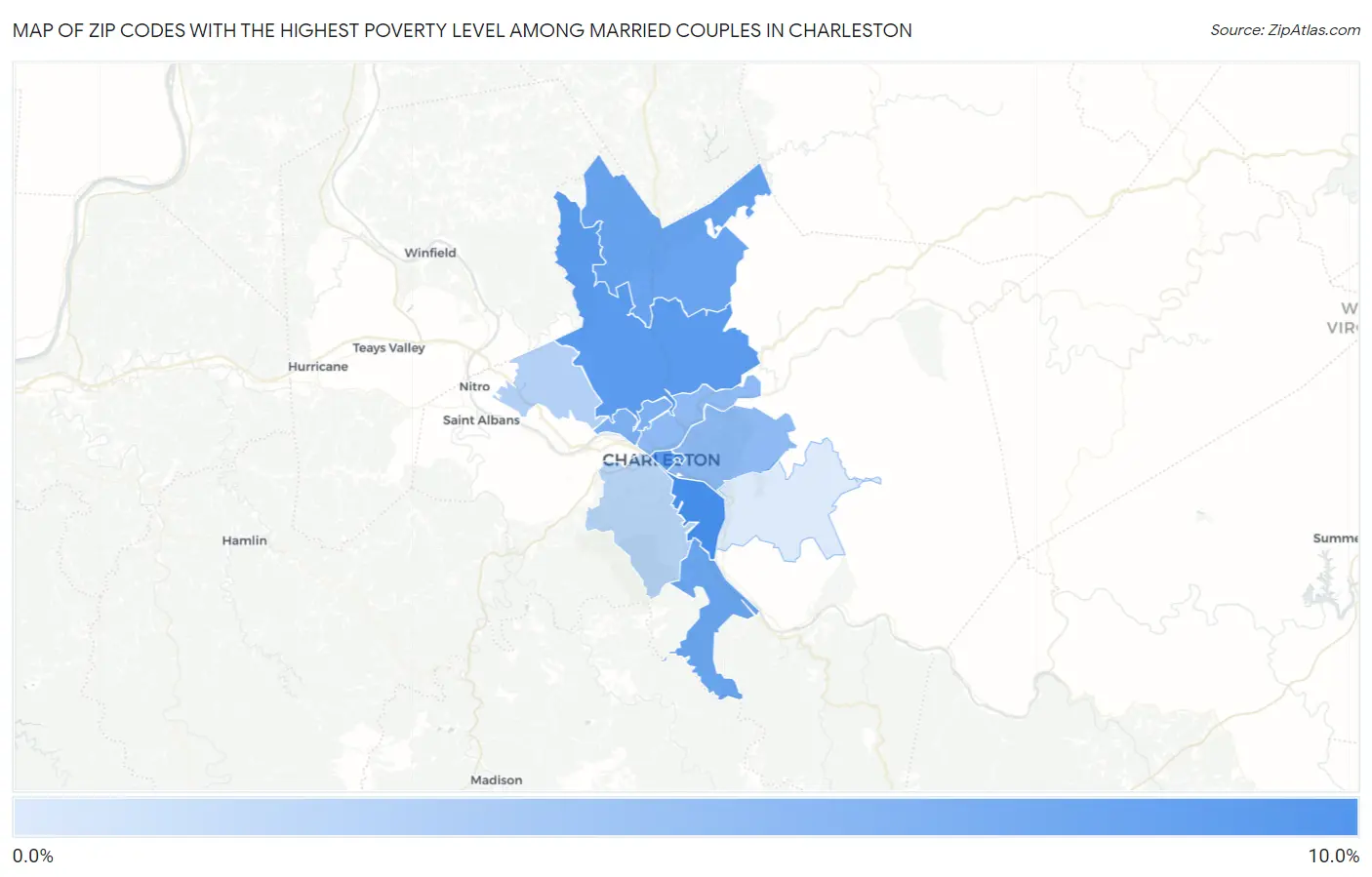 Zip Codes with the Highest Poverty Level Among Married Couples in Charleston Map