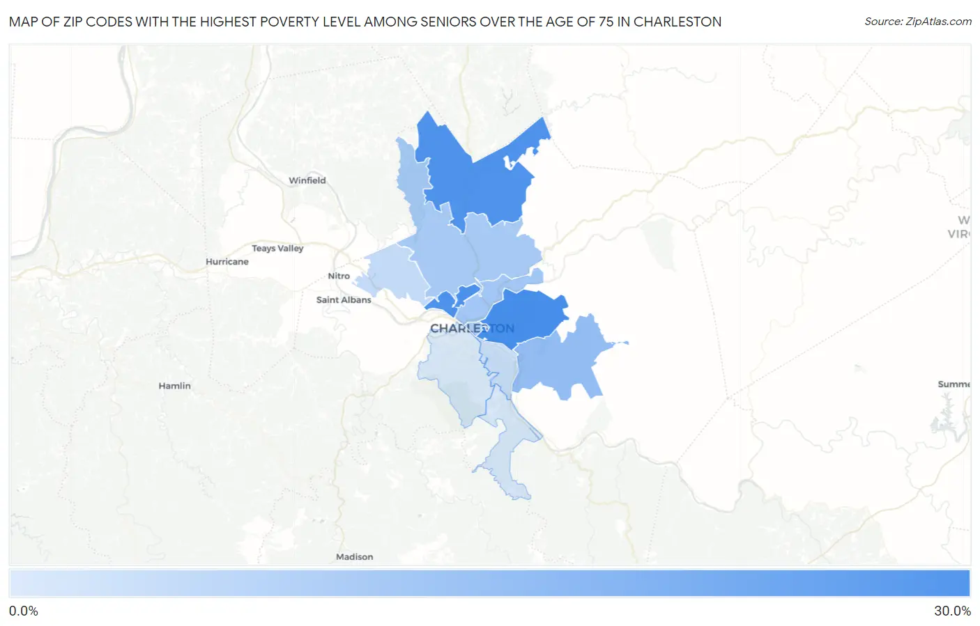 Zip Codes with the Highest Poverty Level Among Seniors Over the Age of 75 in Charleston Map