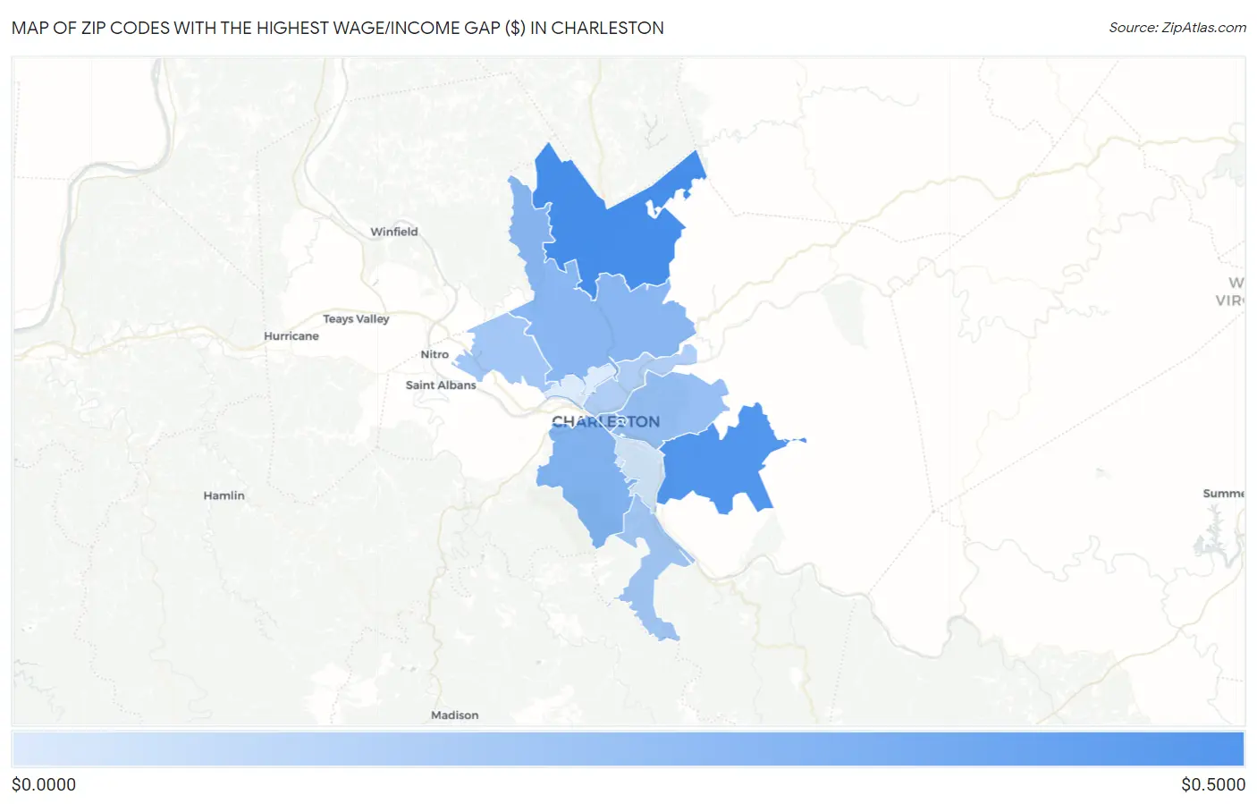 Zip Codes with the Highest Wage/Income Gap ($) in Charleston Map