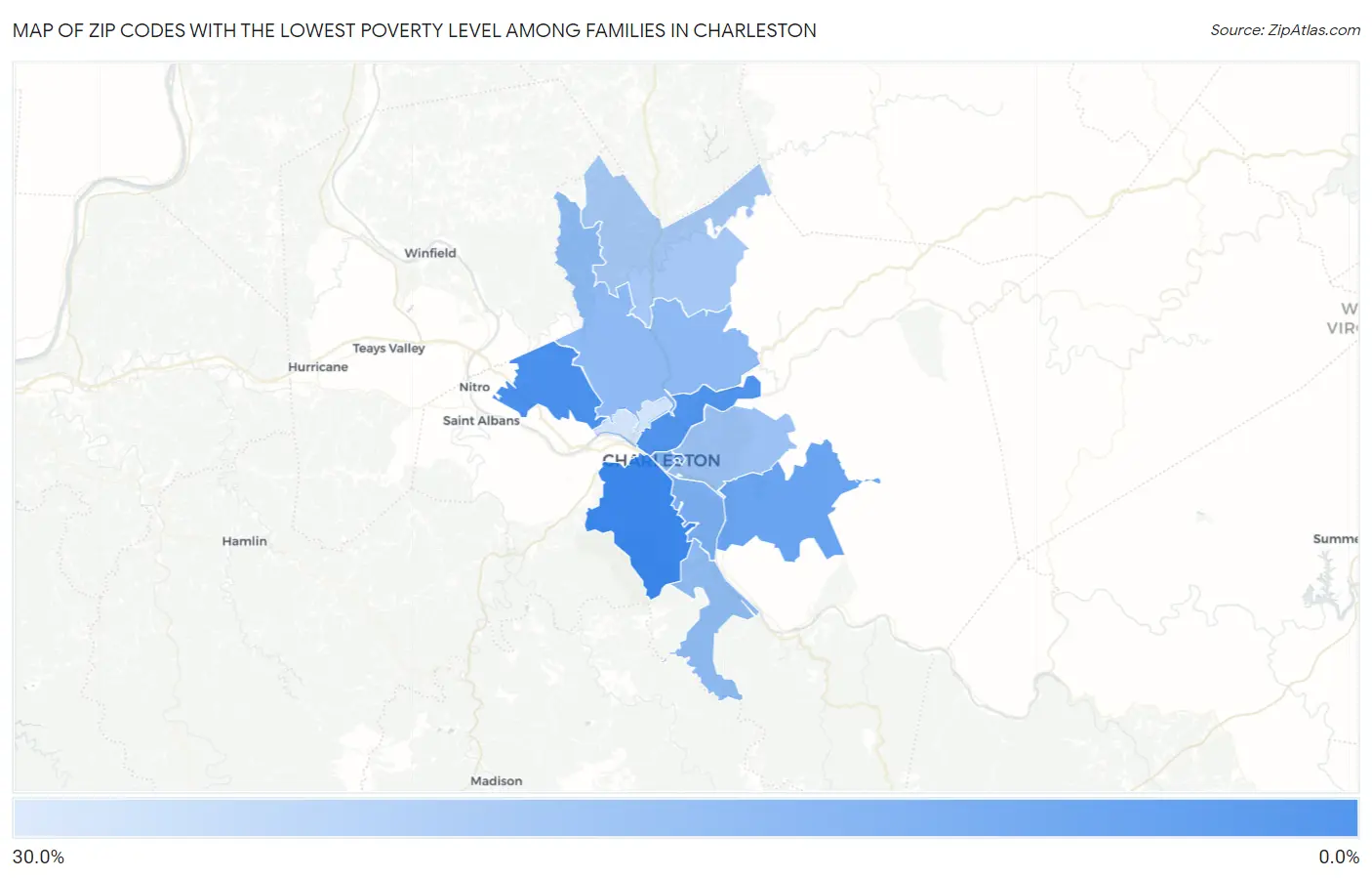 Zip Codes with the Lowest Poverty Level Among Families in Charleston Map