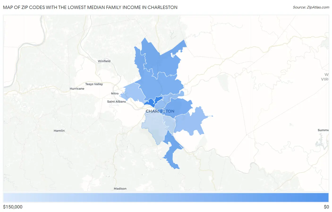 Zip Codes with the Lowest Median Family Income in Charleston Map