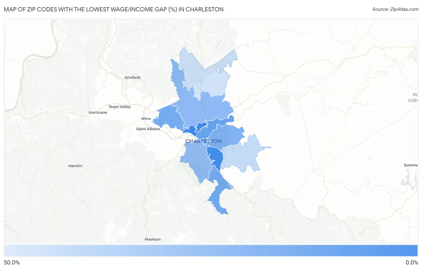 Zip Codes with the Lowest Wage/Income Gap (%) in Charleston Map