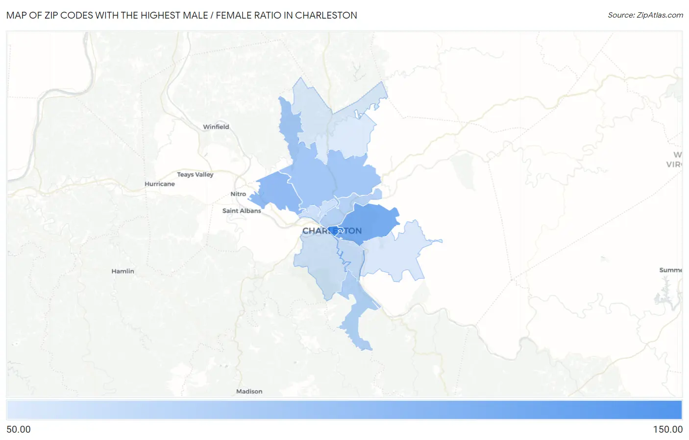 Zip Codes with the Highest Male / Female Ratio in Charleston Map