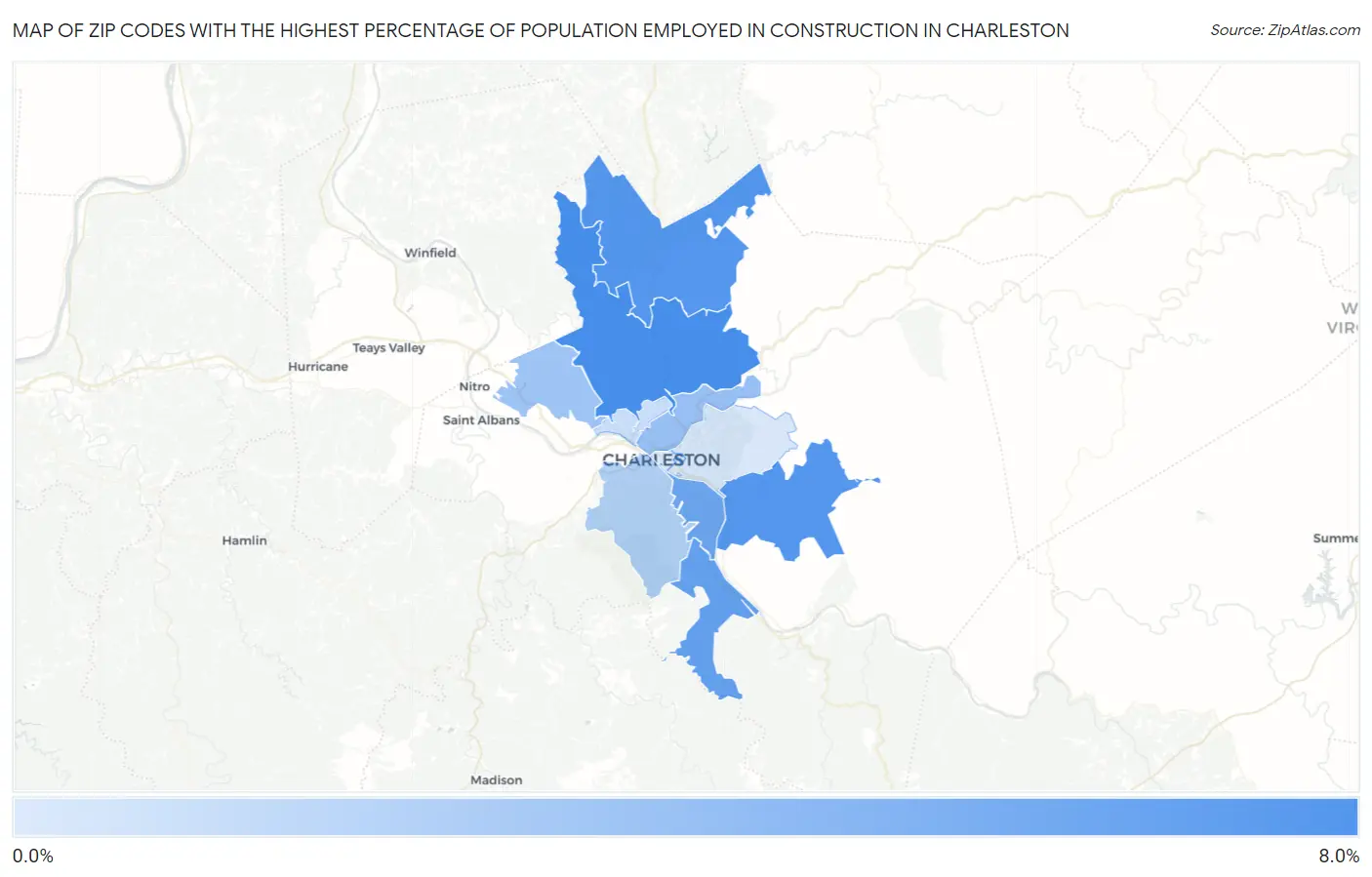 Zip Codes with the Highest Percentage of Population Employed in Construction in Charleston Map