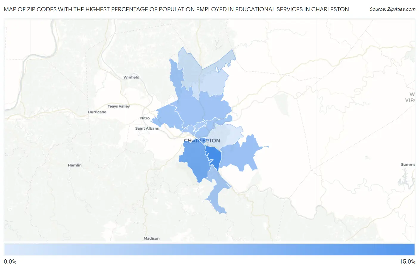 Zip Codes with the Highest Percentage of Population Employed in Educational Services in Charleston Map