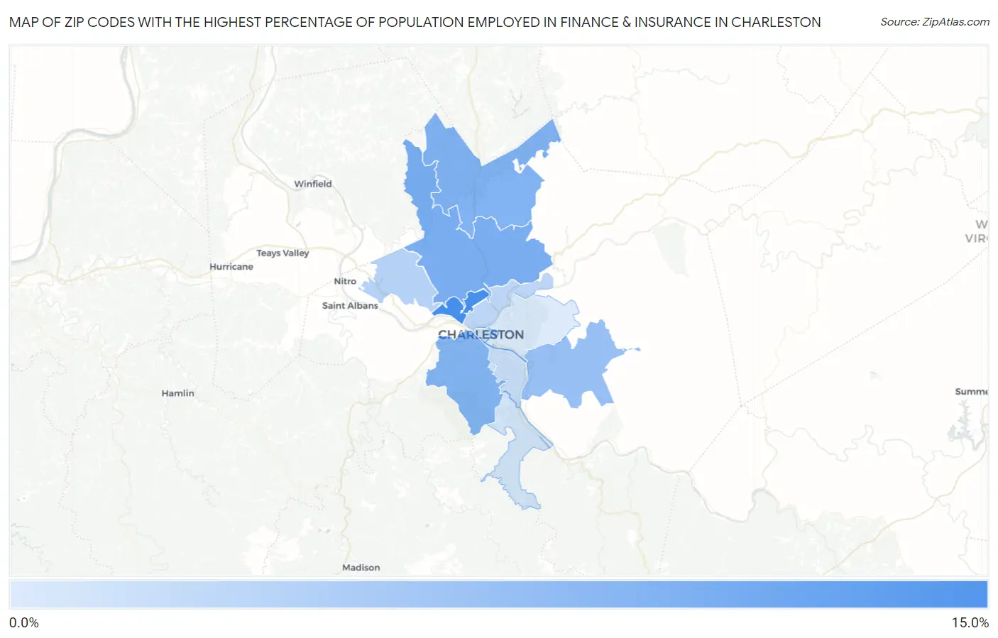 Zip Codes with the Highest Percentage of Population Employed in Finance & Insurance in Charleston Map