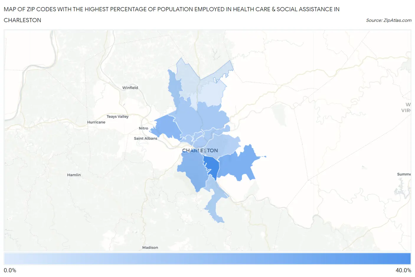 Zip Codes with the Highest Percentage of Population Employed in Health Care & Social Assistance in Charleston Map