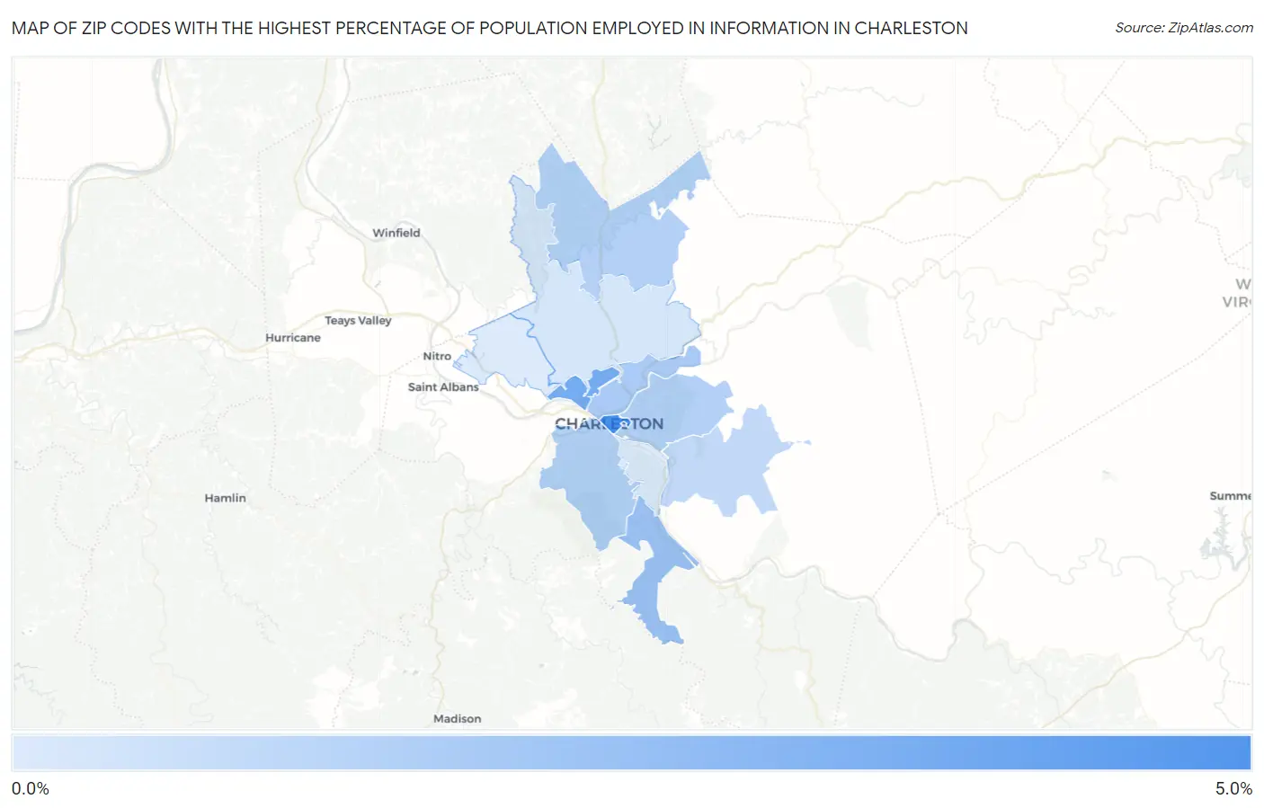 Zip Codes with the Highest Percentage of Population Employed in Information in Charleston Map