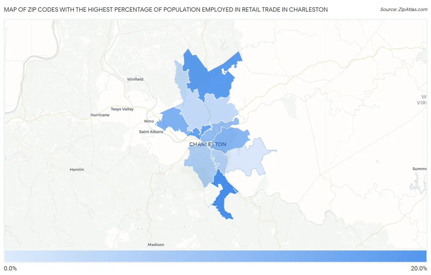 Zip Codes with the Highest Percentage of Population Employed in Retail Trade in Charleston Map