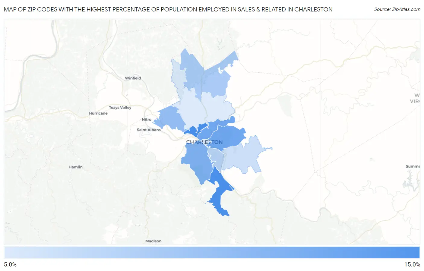 Zip Codes with the Highest Percentage of Population Employed in Sales & Related in Charleston Map
