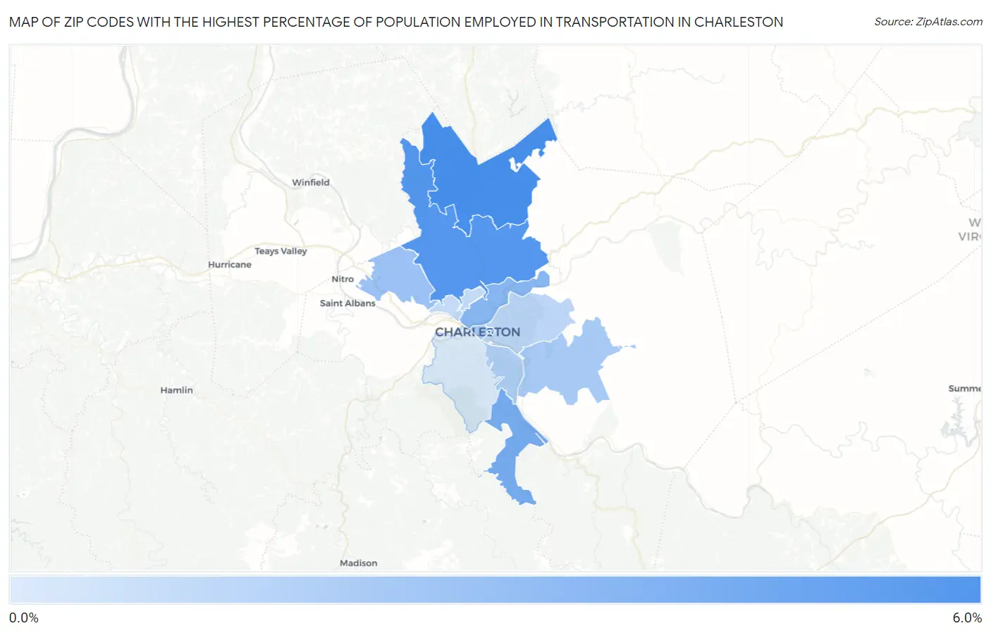 Zip Codes with the Highest Percentage of Population Employed in Transportation in Charleston Map